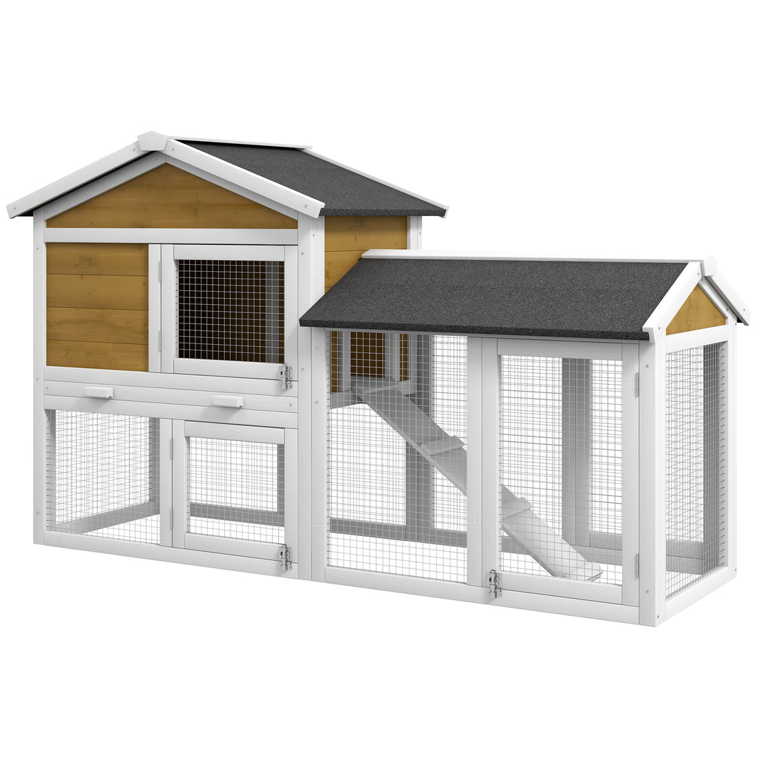 Pawhut 58" Rabbit Hutch, Wooden Bunny Hutch, Guinea Pig Cage, Small Animal Enclosure With Run Area, Removable Tray, Asphalt Roof, Lockable Doors And Ramp, Nature Wood Natural Wood Wood