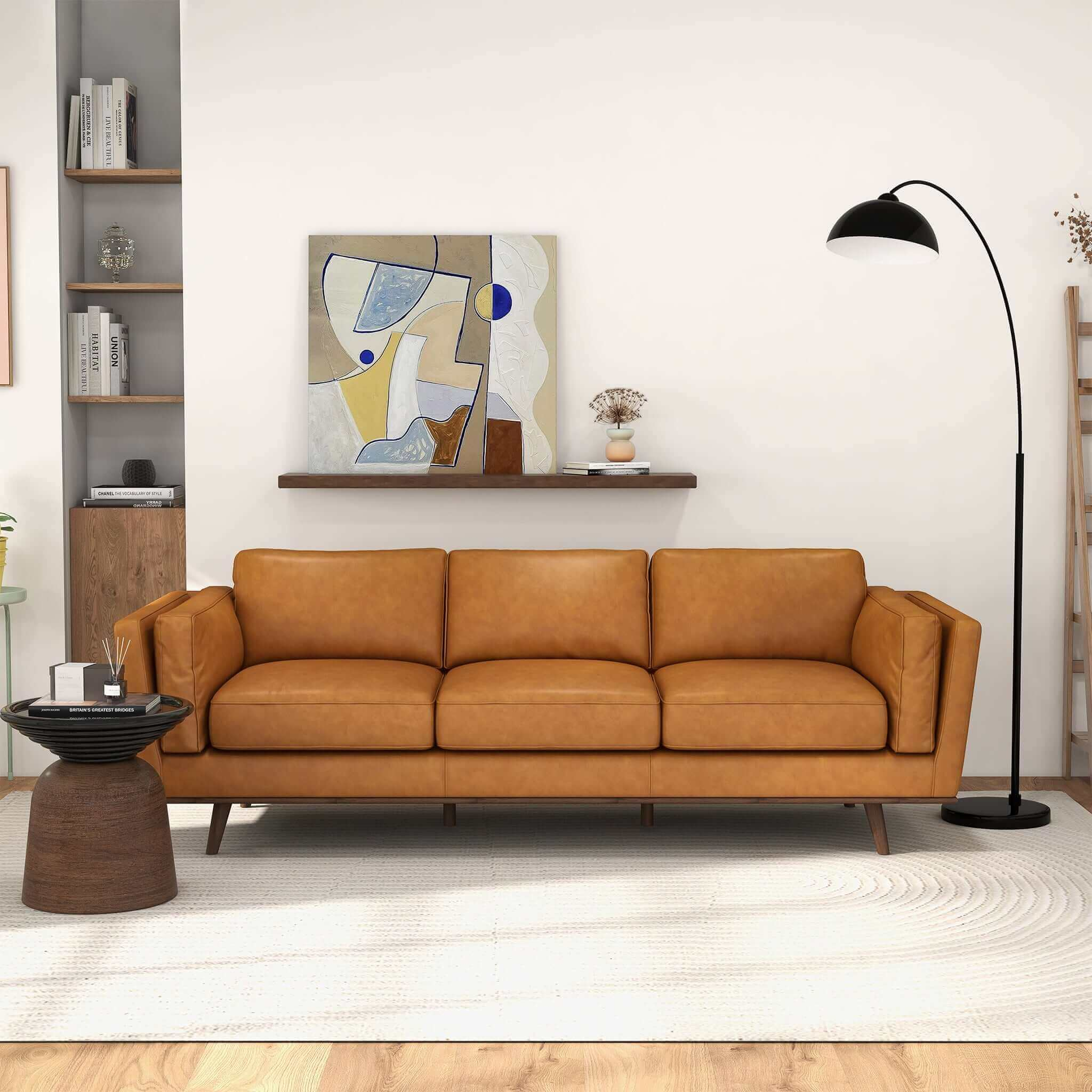 Chase Mid Century Modern Tan Genuine Leather Sofa Tan Brown Genuine Leather Wood Primary Living Space Mid Century Modern Foam Genuine Leather 3 Seat