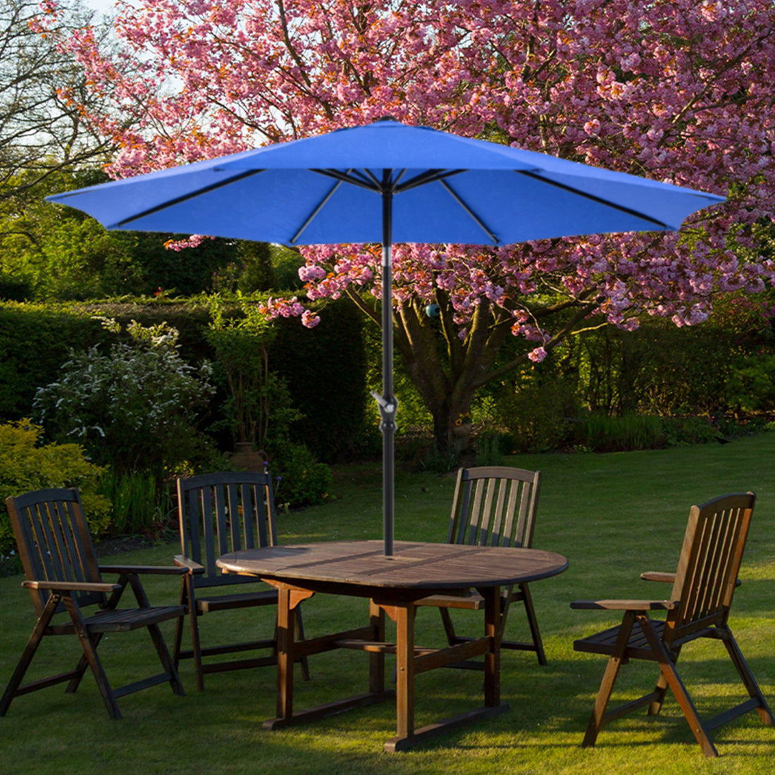 9 Foot Outdoor Patio Umbrella With Button Tilt And Crank, Outdoor Patio Market Table Umbrella Uv Protected And Waterproof, Blue Blue Polyester