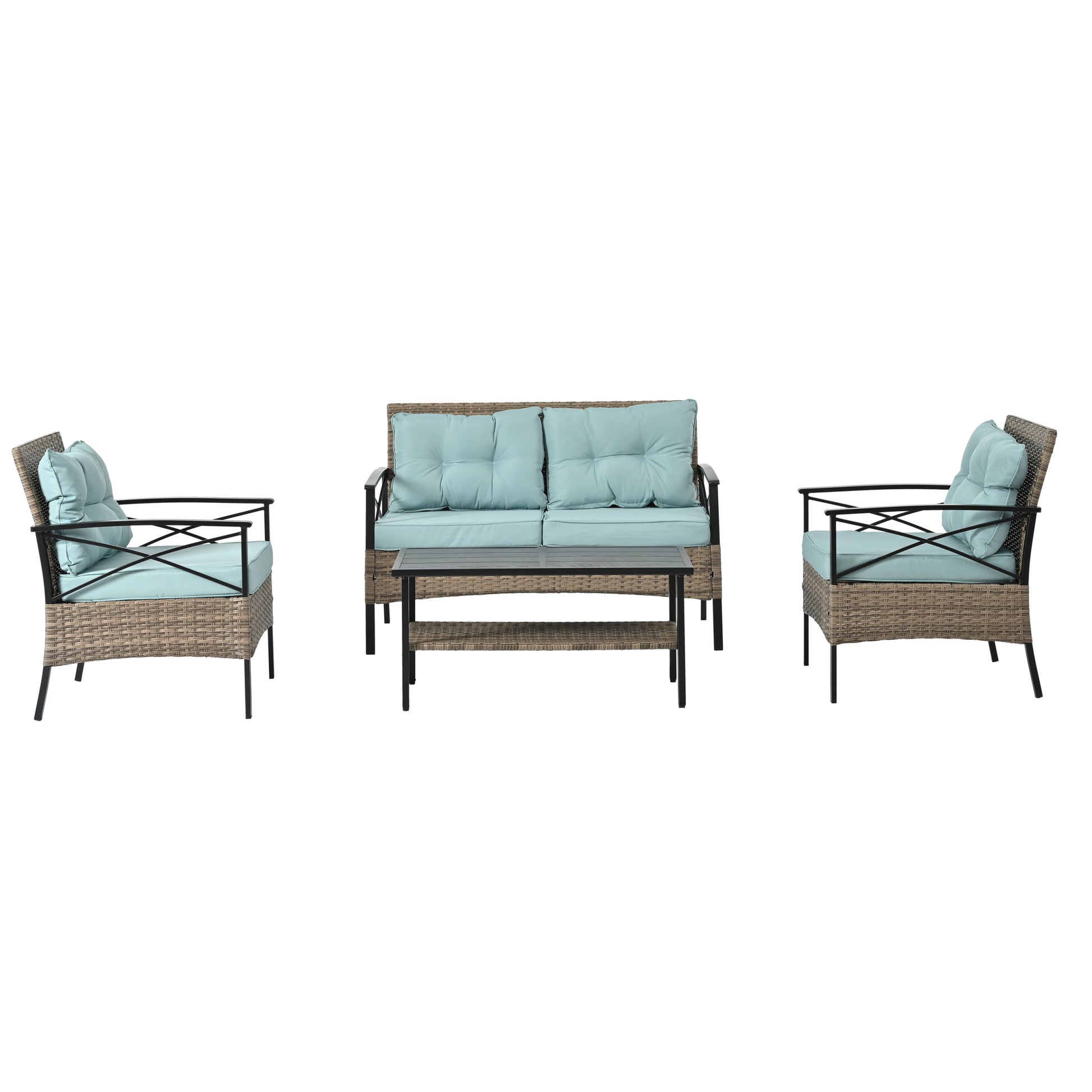 Patio Furniture, Outdoor Furniture, Seasonal Pe Wicker Furniture, Four Set Wicker Furniture With Black Metal Table Yes Brown Seats 4 Pe Rattan Iron Waterproof Fabric