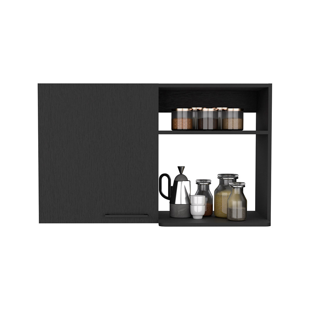 Stackable Wall Storage Cabinet 24" H, Two Internal Shelves, Two External Storage Shelves, One Door, Black Black Particle Board Particle Board