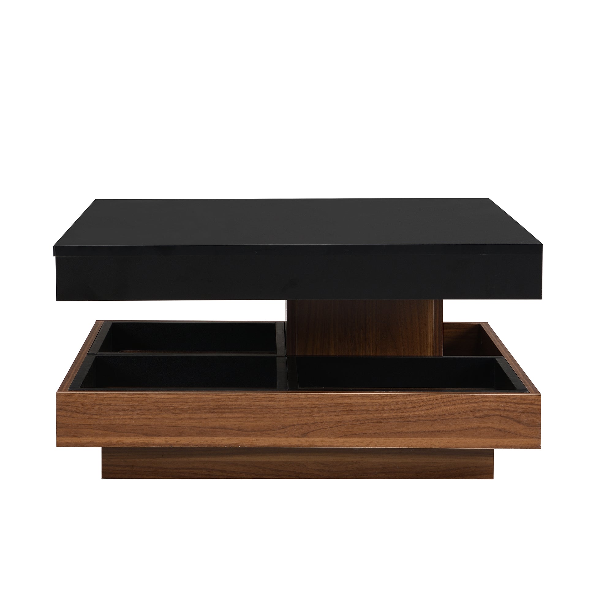 Modern Square 360 Rotating Coffee Table With Three Detachable Tray, 2 Tier Farmhouse Wood Center Table With Storage For Living Room, Black, 27.5*27.5In Black Dark Walnut Primary Living Space Mdf