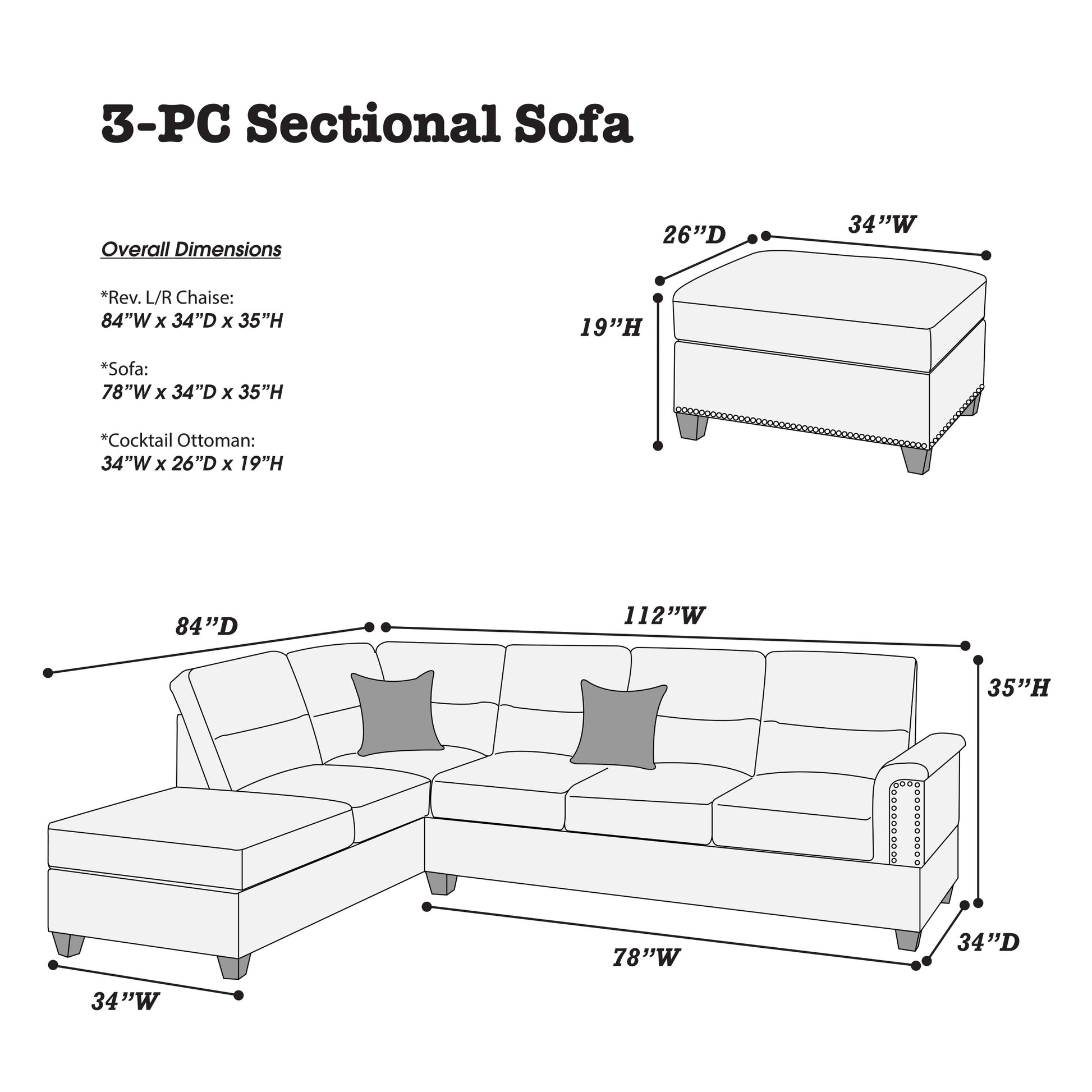 Contemporary 3 Pcs Reversible Sectional Set Living Room Furniture Espresso Faux Leather Couch Sofa Chaise Ottoman Espresso Faux Leather Primary Living Space Cushion Back Contemporary,Modern,Transitional L Shaped Rubberwood Faux Leather 5 Seat