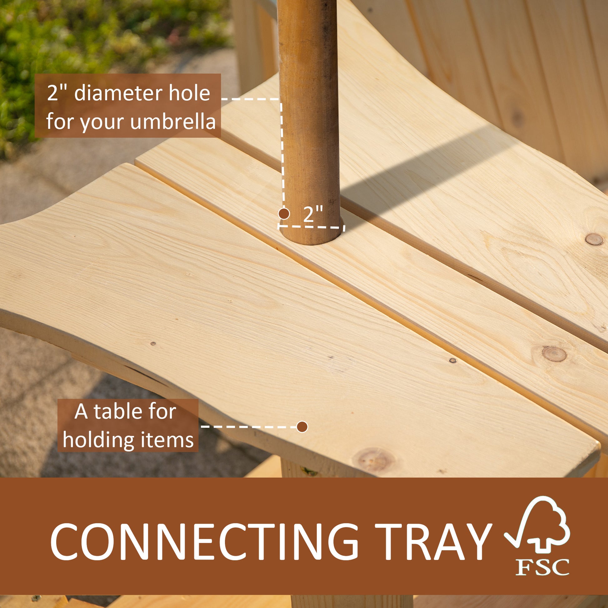 Outsunny Wooden Adirondack Chair For Two, Outdoor Fire Pit Chair Set With Table & Umbrella Hole, Patio Chairs For Deck Lawn Pool Backyard, Natural Natural Wood