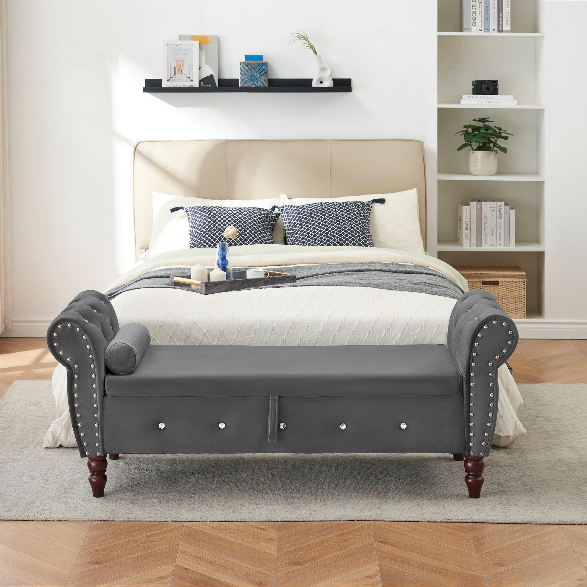 63.38"Velvet Multifunctional Storage Rectangular Ottoman Bench Comes With Crystal Buckle Solid Wood Legs With 1 Pillow,Dark Gray Dark Gray Velvet