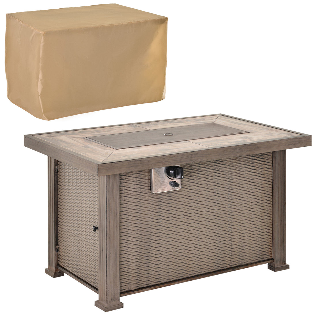 Outsunny 42" Propane Fire Pit Table, 50,000 Btu Wicker Effect Auto Ignition Gas Fireplace Fire Pits With Ceramic Tabletop, Steel Base, Lid, Lava Rocks And Cover, Csa Certification, Grey Gray Steel