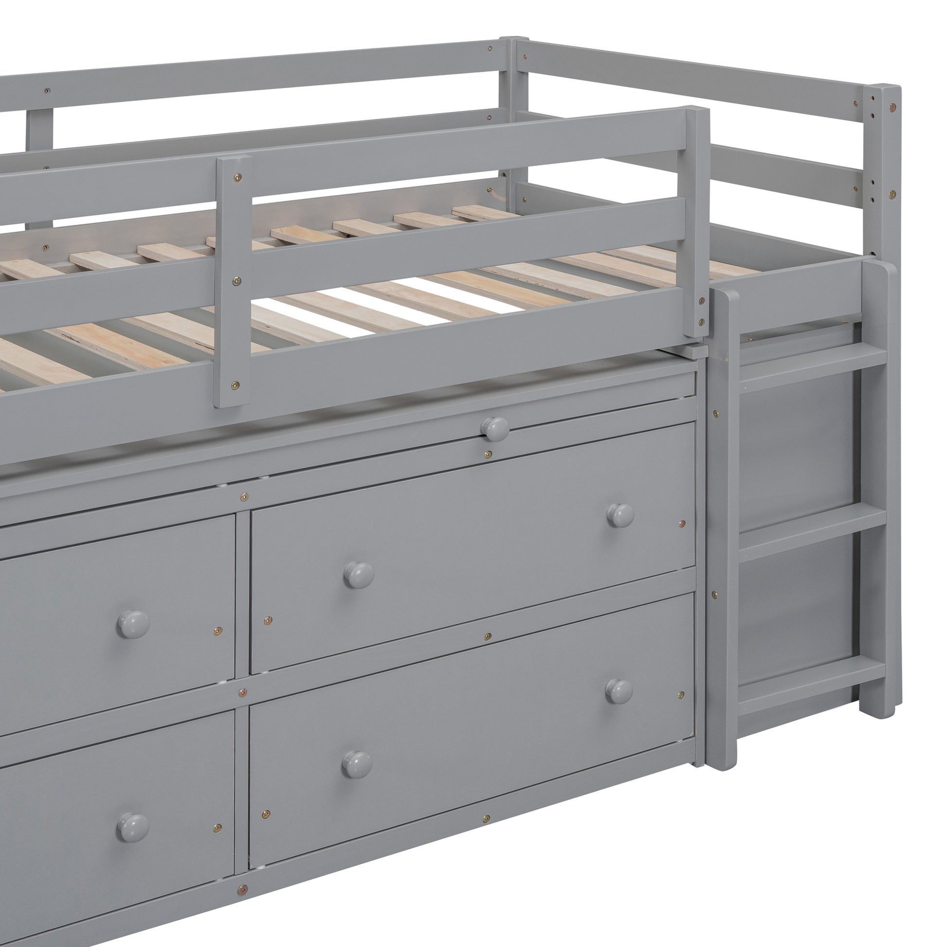 Twin Size Loft Bed With Retractable Writing Desk And 4 Drawers, Wooden Loft Bed With Lateral Portable Desk And Shelves, Gray Gray Solid Wood Mdf