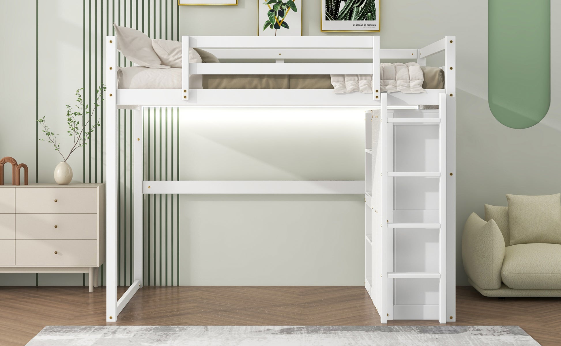 Wood Full Size Loft Bed With Built In Wardrobe And Storage Shelves, Led Light, White Box Spring Not Required Full White Wood Bedroom Bed Frame Solid Wood Mdf