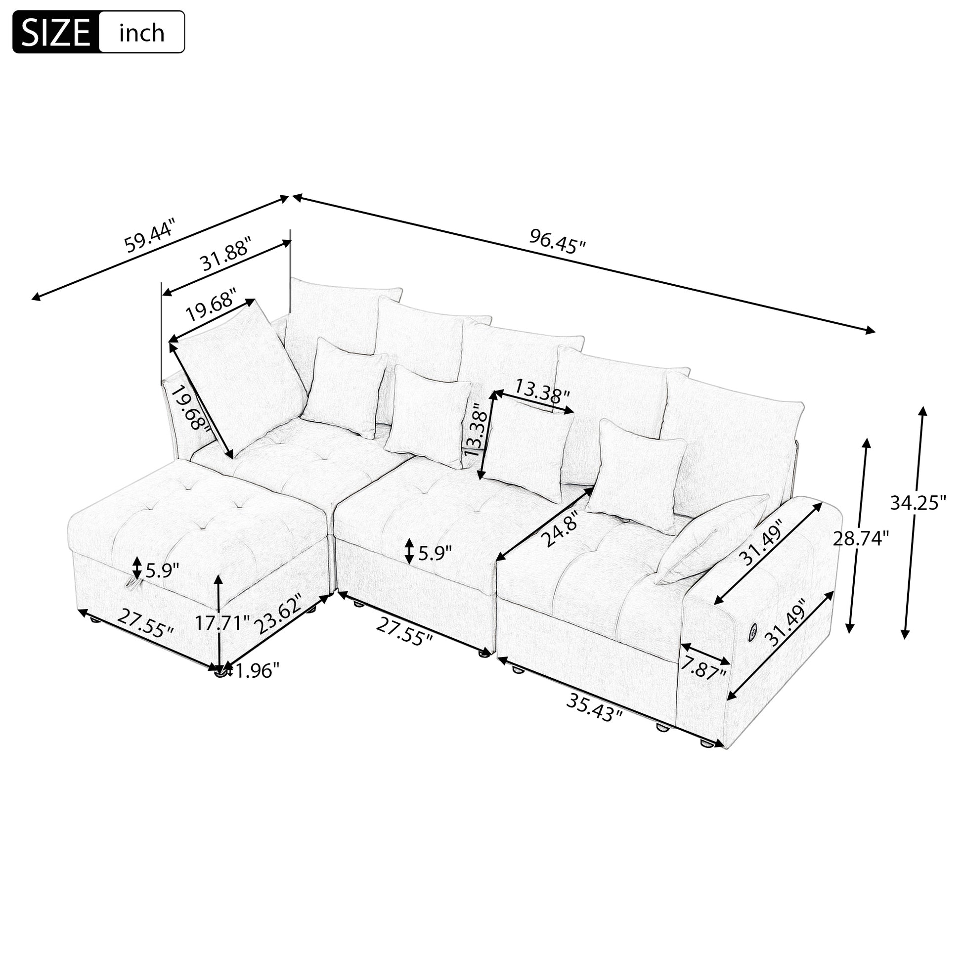 96.45"Sectional Sofa Modular Sofa Couch With Three Usb Ports, A Removable Storage Ottoman And Five Back Pillows For Living Room, Grey Grey Foam Chenille 4 Seat