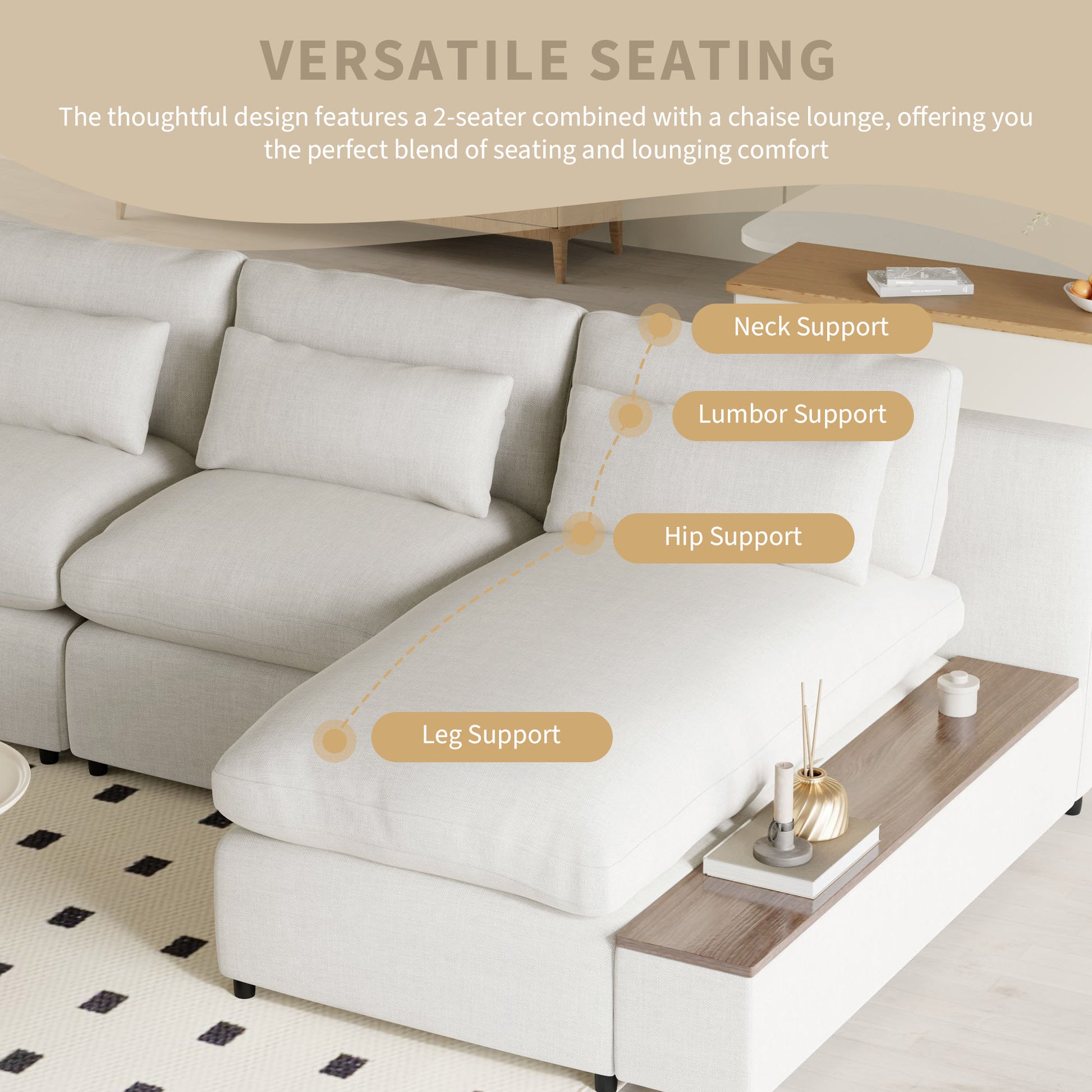 L Shaped Modular Sectional Sofa With Removable Back Cushions,3 Pillows And 2 Storage Spaces,Suitable For Living Rooms,Offices And Apartments Beige Polyester 3 Seat