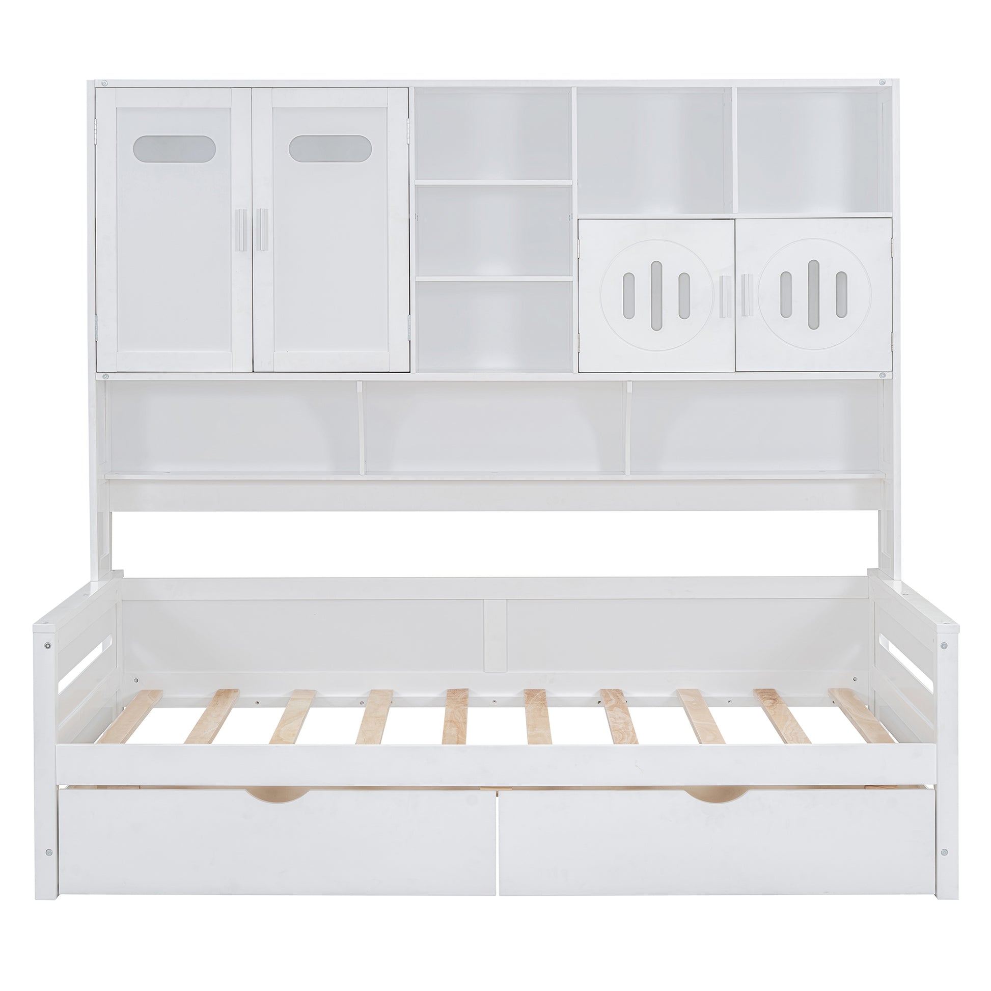 Twin Size Wooden Daybed With 2 Drawers, And All In One Cabinet And Shelf, White Twin White Wood