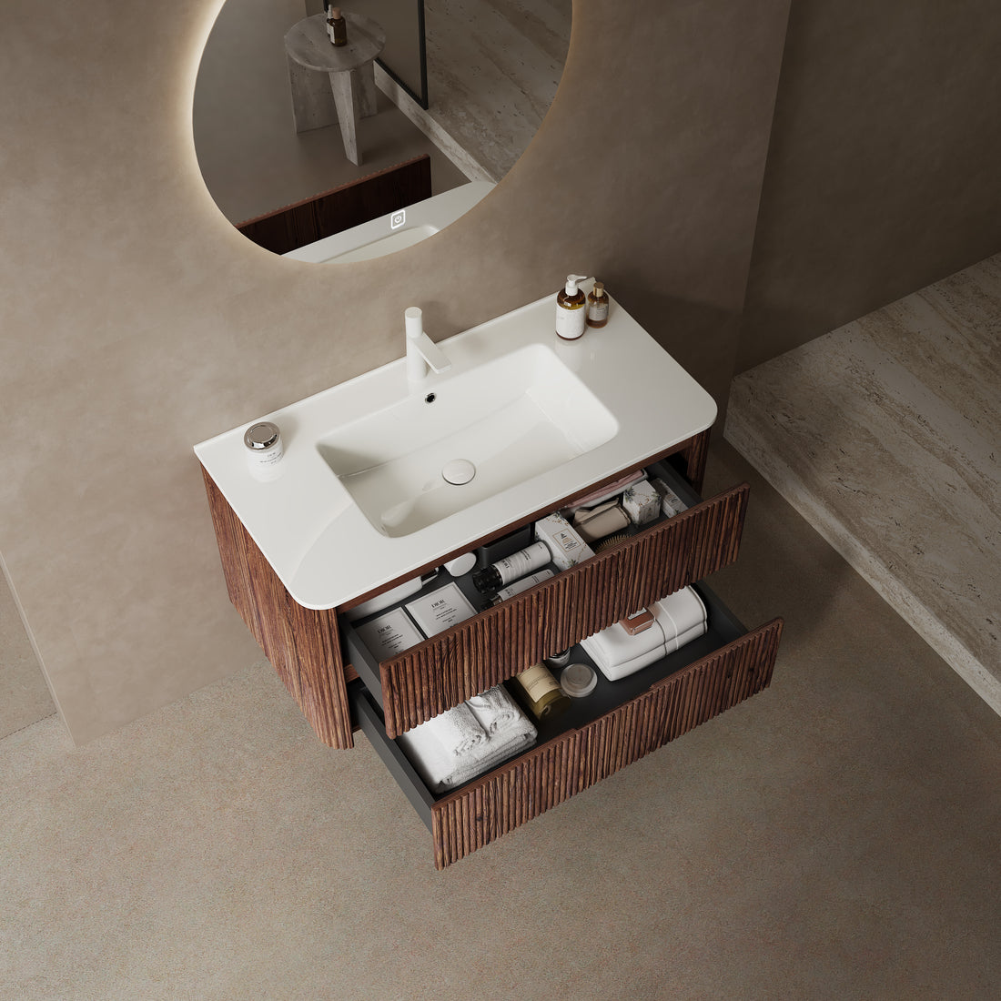 Noor 36" Bathroom Vanity With Sink, Modern Wall Mounted Floating Plywood Bathroom Storage Cabinet With 2 Drawers, White Ceramic Basin With Sink Hole Cover And Drain, Pre Assembled, Retro Walnut White Deep Walnut Bathroom Modern,Scandinavian Plywood