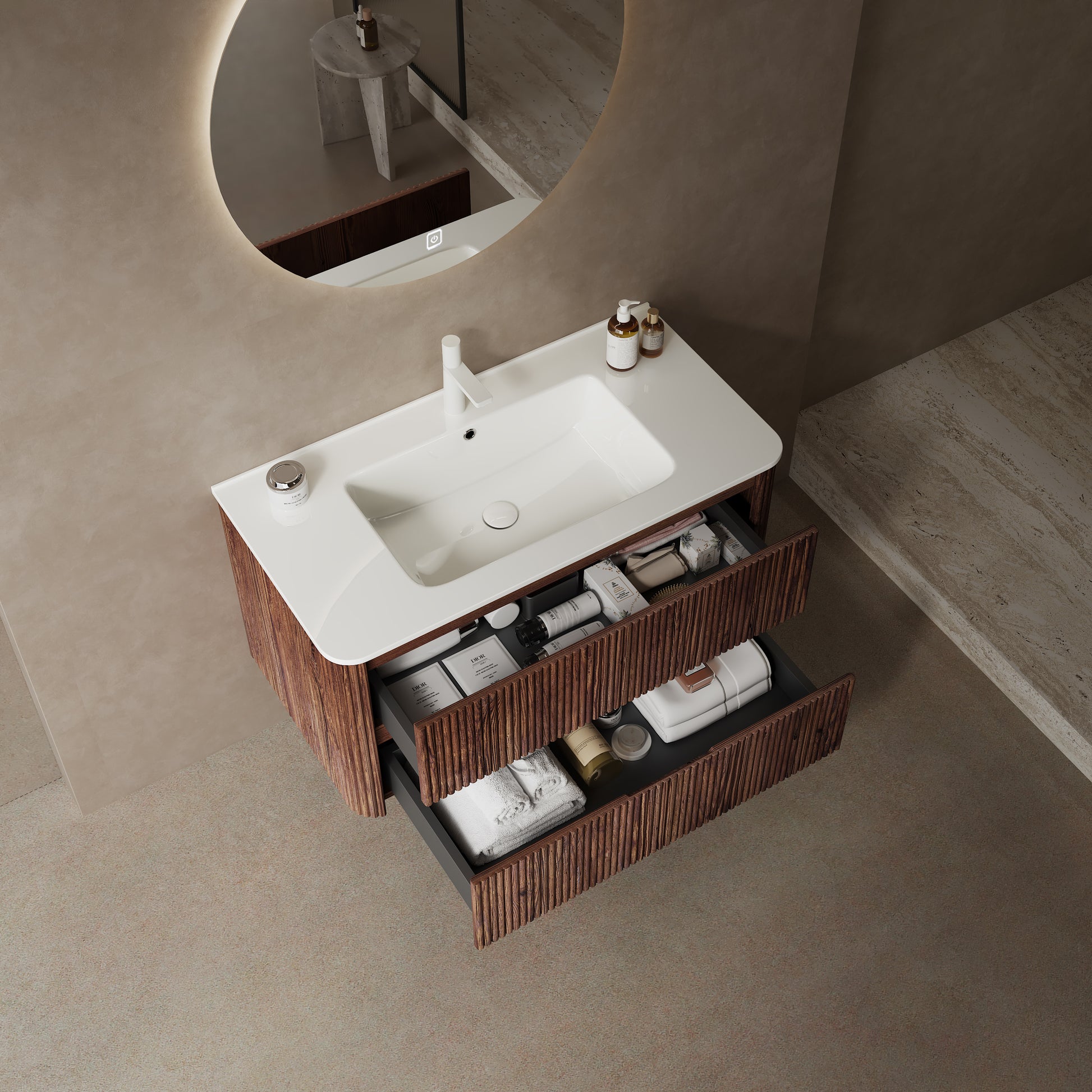 Noor 36" Bathroom Vanity With Sink, Modern Wall Mounted Floating Plywood Bathroom Storage Cabinet With 2 Drawers, White Ceramic Basin With Sink Hole Cover And Drain, Pre Assembled, Retro Walnut White Deep Walnut Bathroom Modern,Scandinavian Plywood