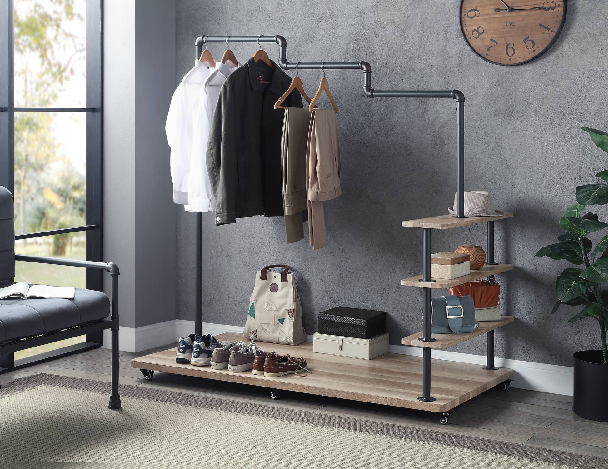 Oak And Sandy Grey 4 Shelf Hanger Rack 3 Oak Standard Horizontal Primary Living Space Open Back Wood Wood Metal