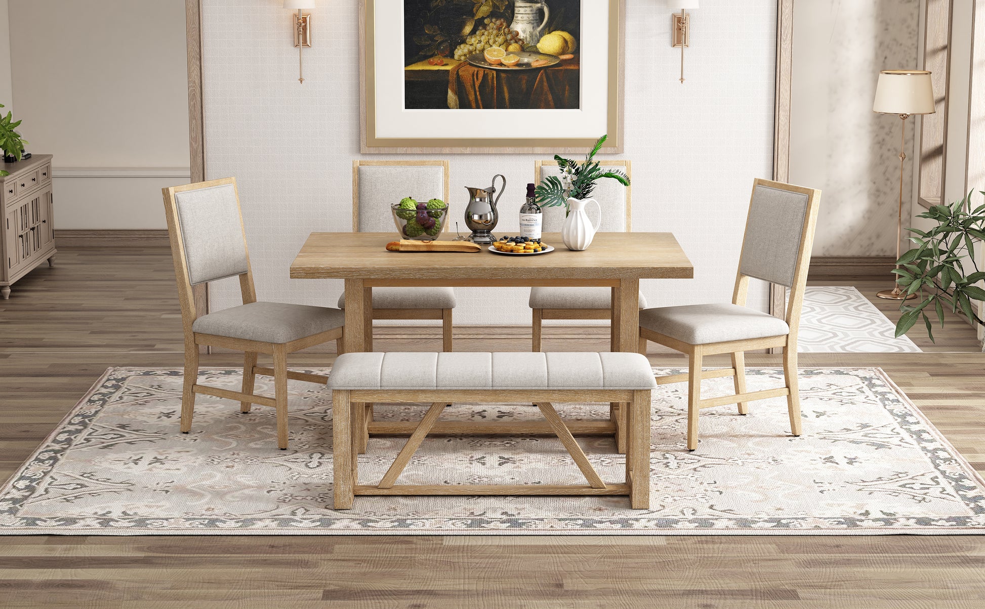 6 Piece Retro Dining Set, 1 Rectangular Table With Designed Trestle Base And 4 Upholstered Chairs And 1 Bench For Dining Room And Kitchen Natural Natural Solid Wood Mdf