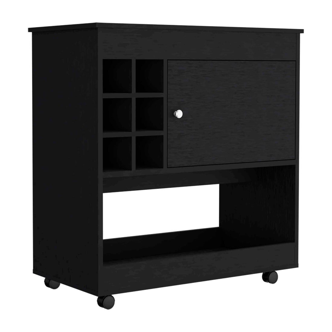 37" H Light Black Bar Coffee Cart, Kitchen Or Living Room Cabinet, With 4 Wheels, Central Storage With 2 Doors, Division For 6 Bottles And A Shelf With A Wooden Front On The Bottom. Black Particle