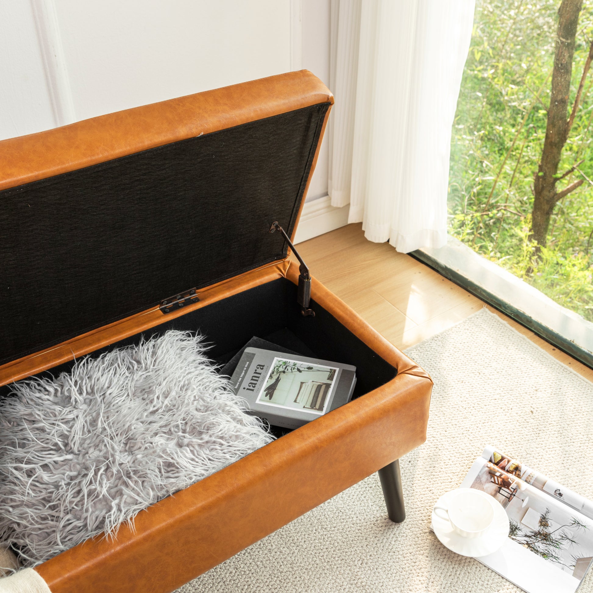 Storage Bench With Storage Bench For Bedroom End Of Bed Bench Foot Of Bed Bench Entryway Bench Storage Ottoman Bench 43.3" W X 17.7" Brown Leather Bench Brown Pu Leather