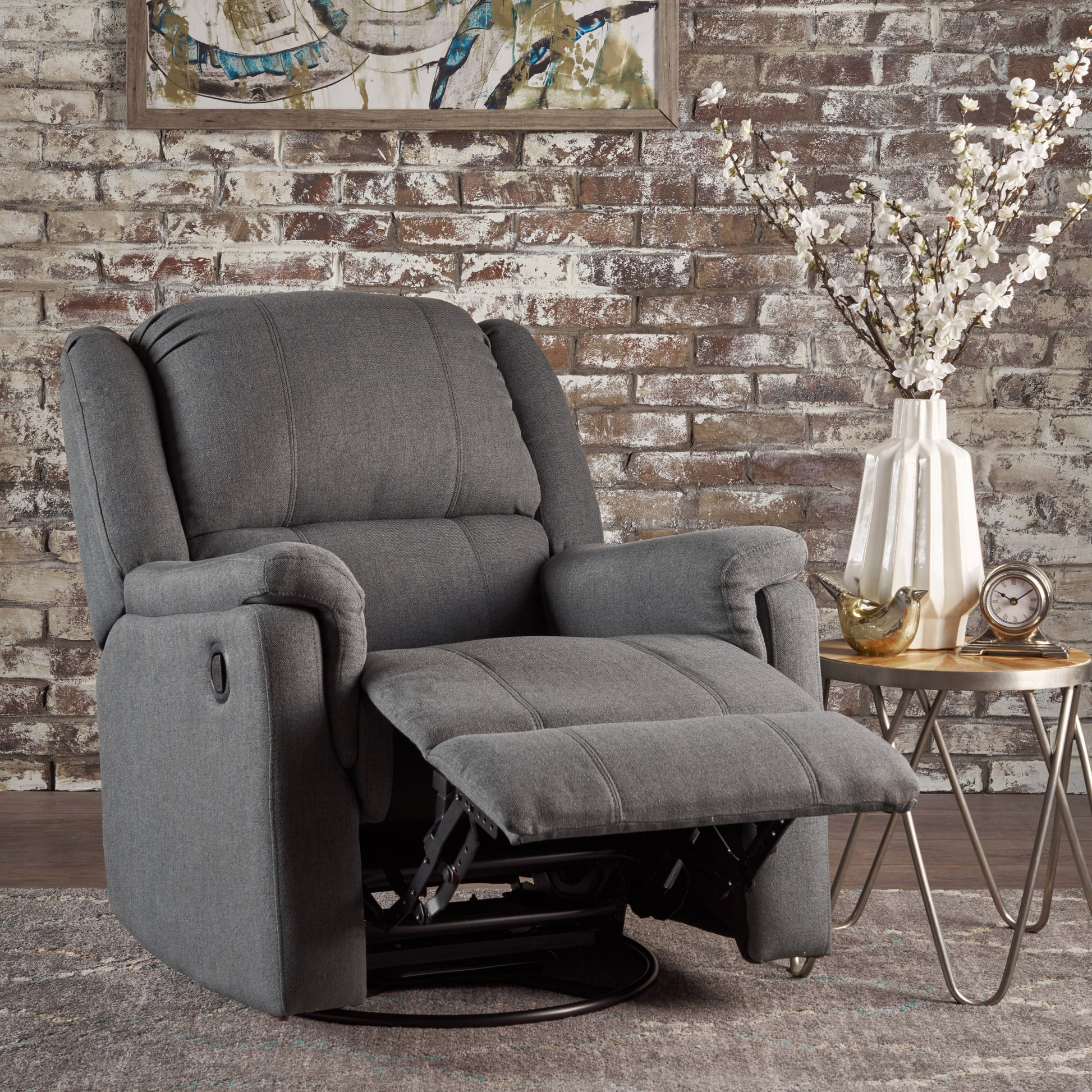 Charcoal Fabric Glider Recliner With Swivel, Manual Reclining Chair Charcoal Fabric