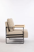Leather Accent Chair Guest Chair For Living Room, Mid Century Armchair For Bedroom Khaki Linen