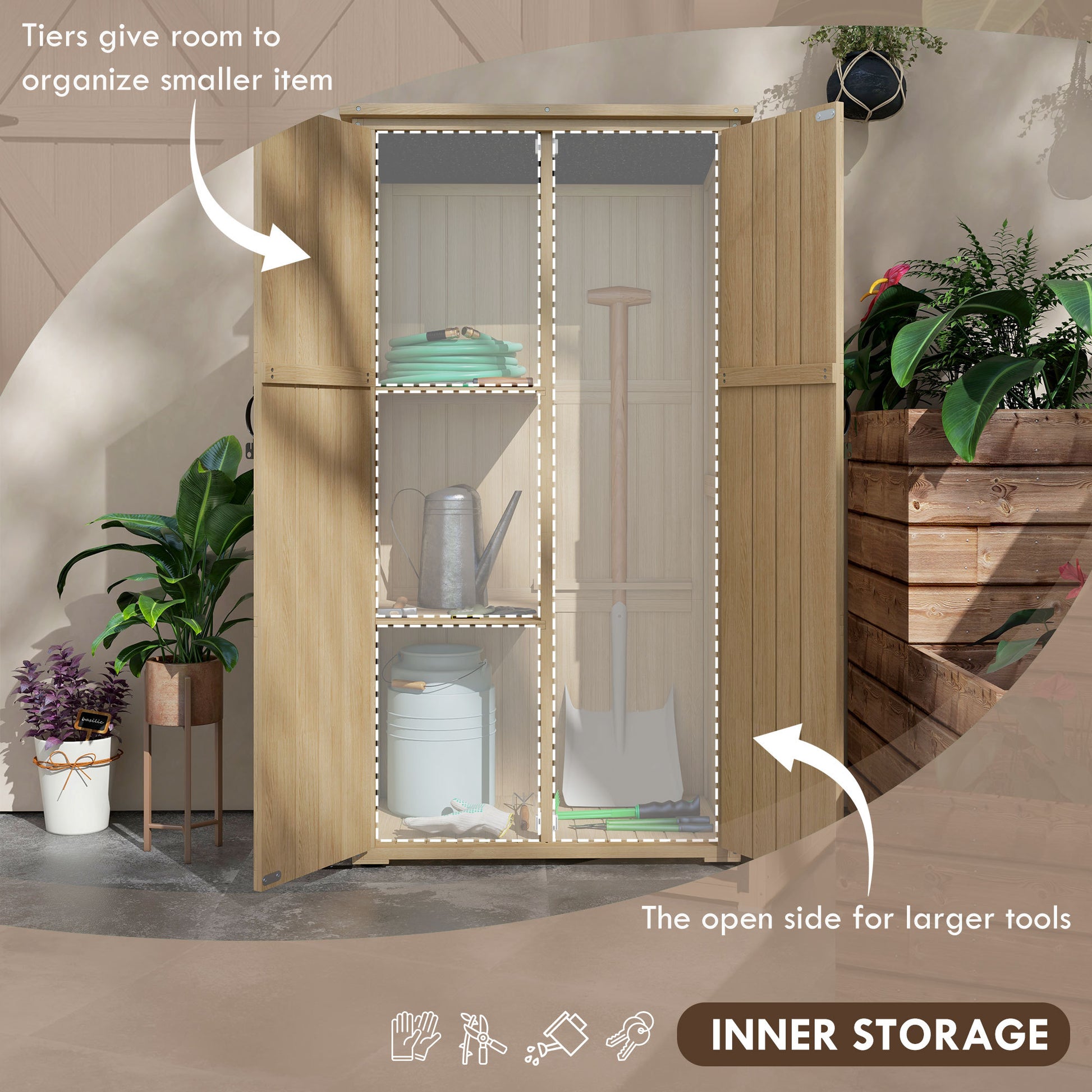 Outsunny Wooden Garden Shed, Outdoor Storage Cabinet With Waterproof Asphalt Roof, Narrow Tool Shed With Shelves And Lockable Doors, Natural Natural Wood Wood