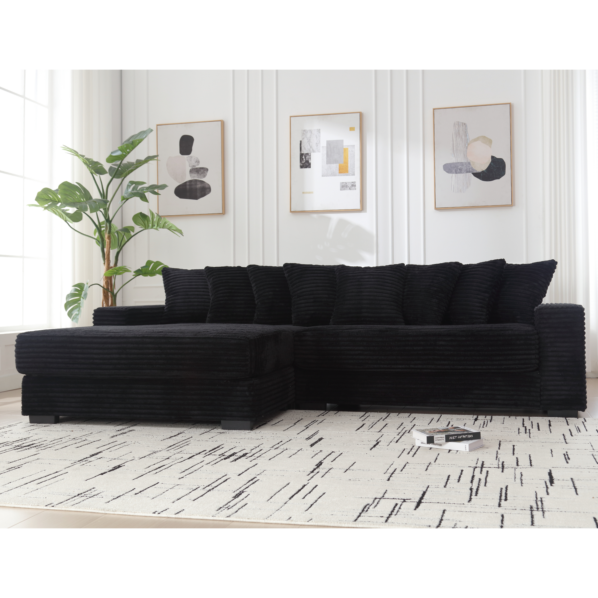 Arrived Oversized Two Piece Couches, L Shaped Sofa, Corduroy, Left Chaise Daybed,With Armrests,Eight Throw Pillows,Corner Sofa,Easy To Assemble, Black Black Polyester Wood Primary Living Space