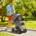 Pawhut Dog Stroller For Small Dogs Cats, 4 Wheels One Click Fold Pet Stroller With Swivel Wheels, Brake, Basket Storage, Safety Belts, Adjustable Canopy, Zippered Mesh Window Door, Brown Brown Steel