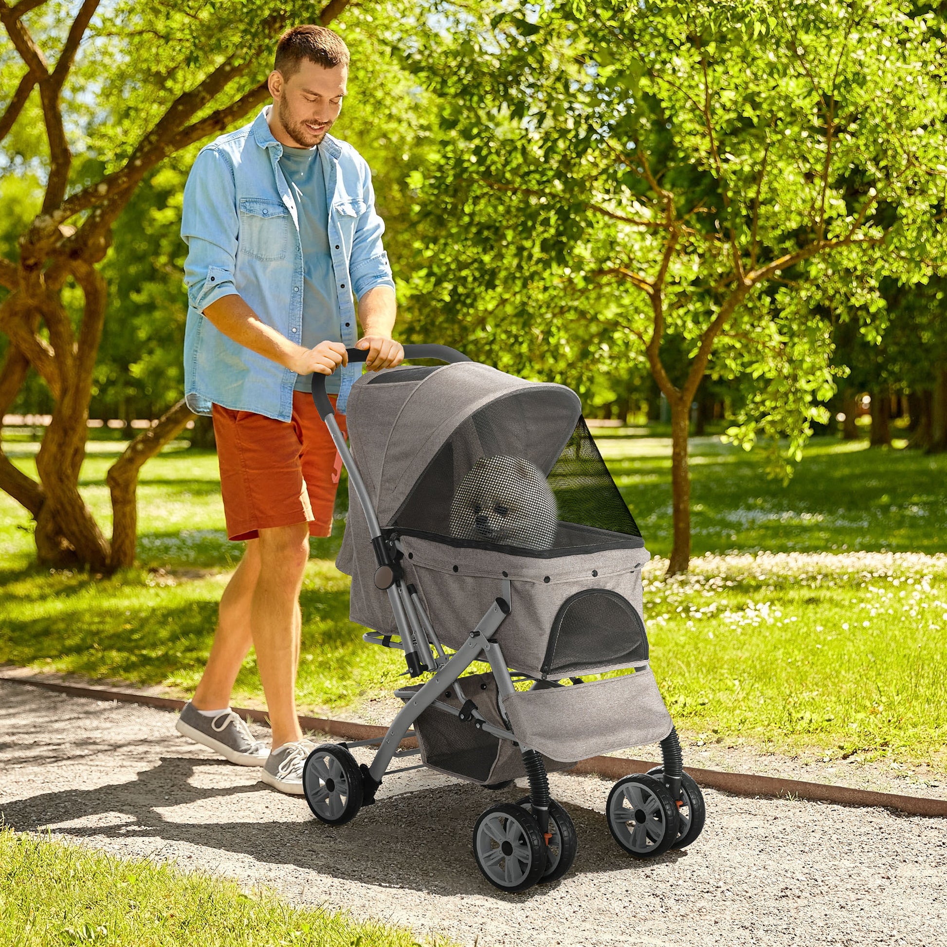 Pawhut Dog Stroller For Small Dogs Cats, 4 Wheels One Click Fold Pet Stroller With Swivel Wheels, Brake, Basket Storage, Safety Belts, Adjustable Canopy, Zippered Mesh Window Door, Brown Brown Steel
