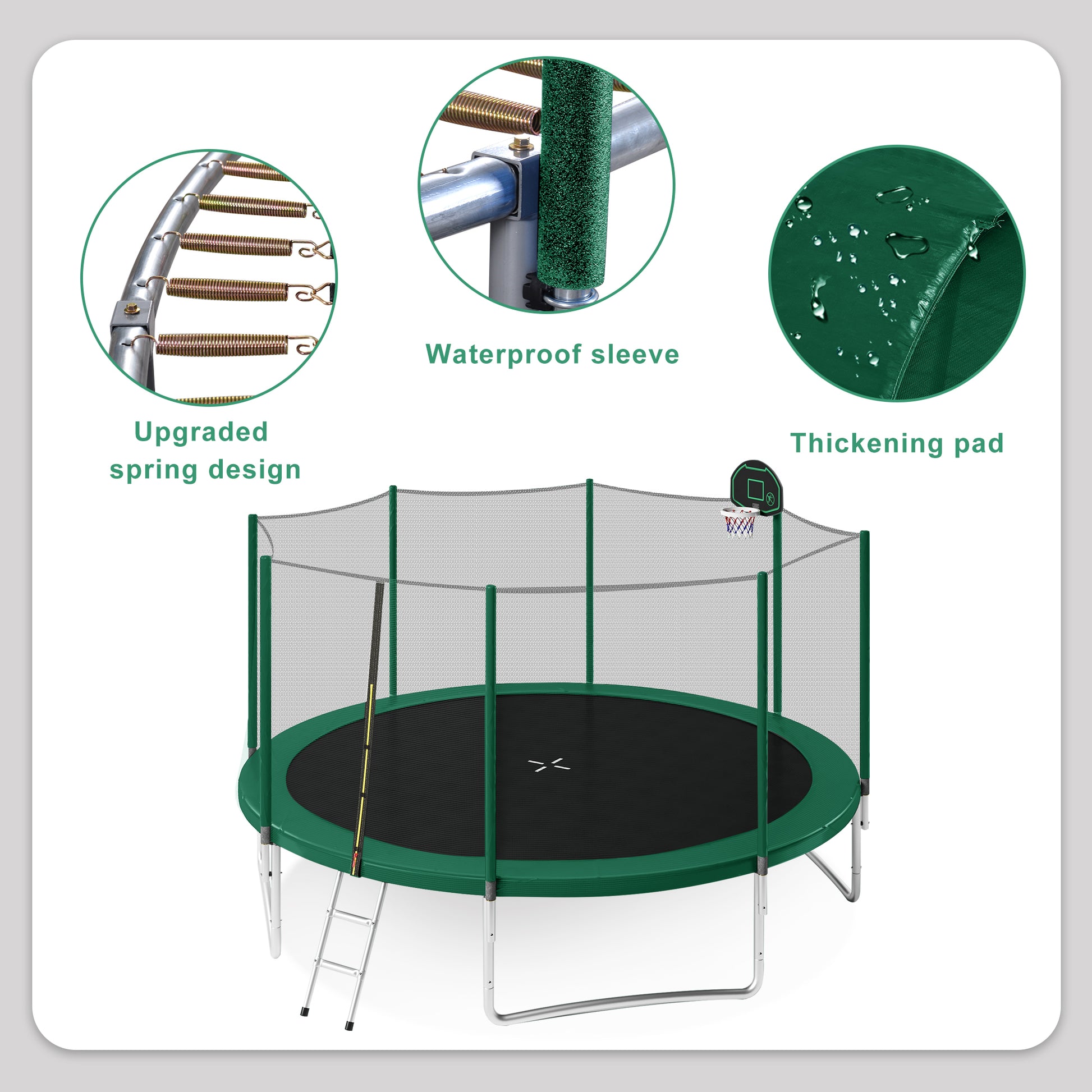 14Ft Trampoline For Kids With Safety Enclosure Net, Basketball Hoop And Ladder, Easy Assembly Round Outdoor Recreational Trampoline Green Metal