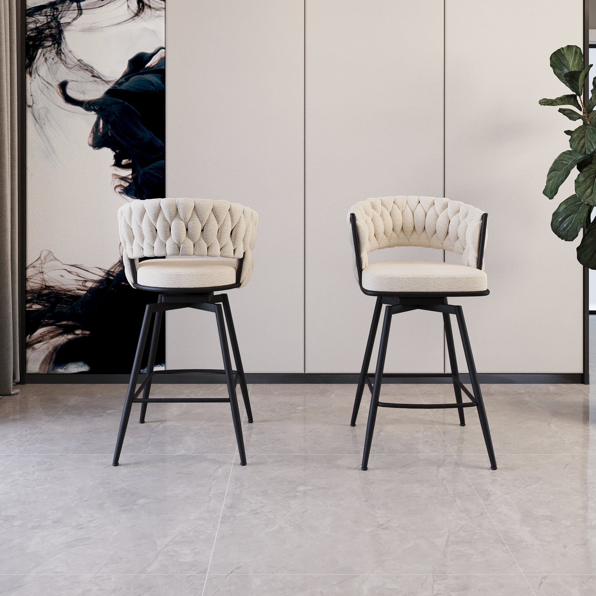 Bar Chair Toweling Woven Bar Stool Set Of 2, Black Legs Barstools No Adjustable Kitchen Island Chairs,360 Swivel Bar Stools Upholstered Counter Stool Arm Chairs With Back Footrest, White White Foam Linen