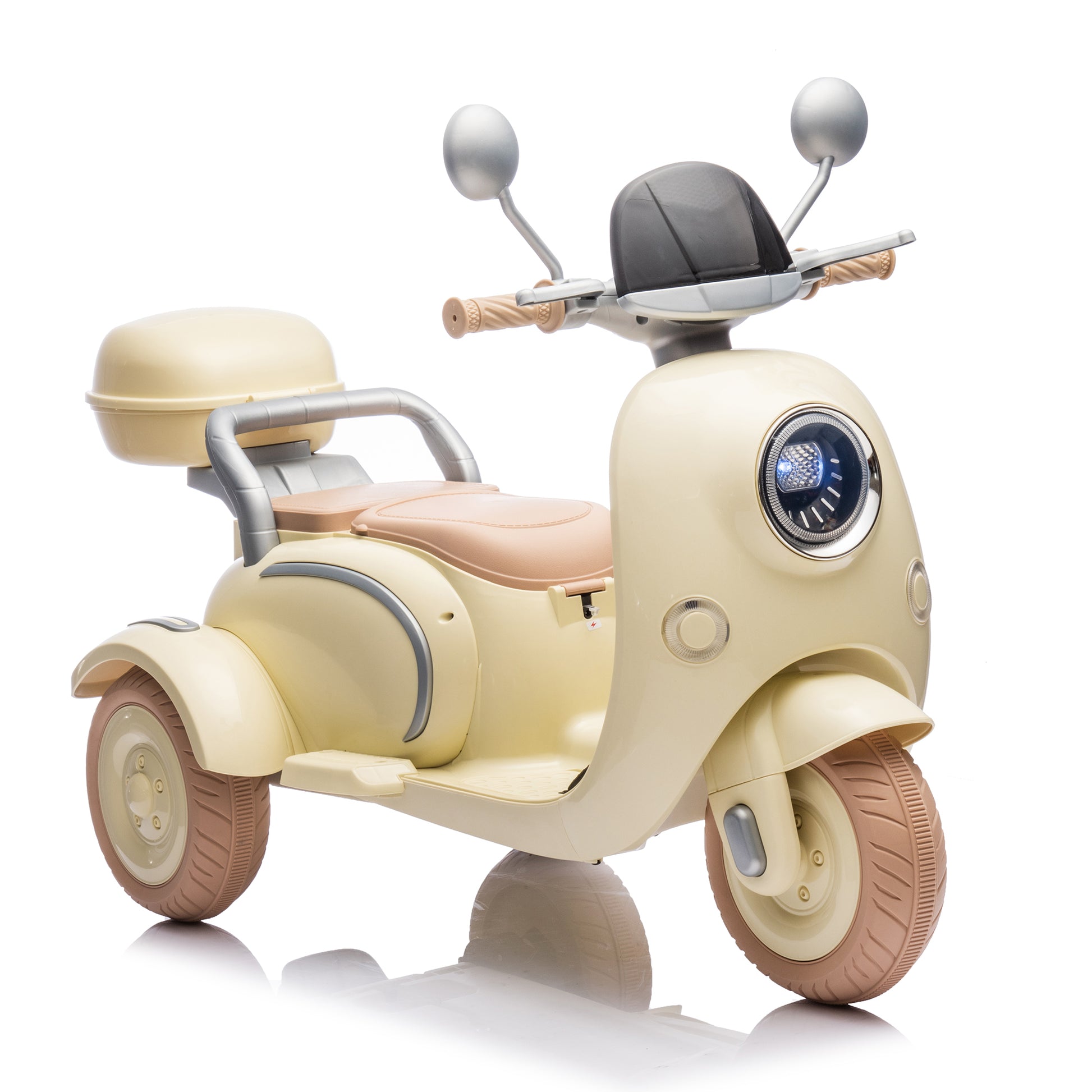 12V Two Seater Kids Ride On Electric Motorcycle,Three Wheels Kids Toy With Slow Start,Multi Function Player,Usb,Bluetooth, Light,Backseat Flip Adult Seat, Oversized Storage Box For Kids Aged 3 6. Beige Plastic