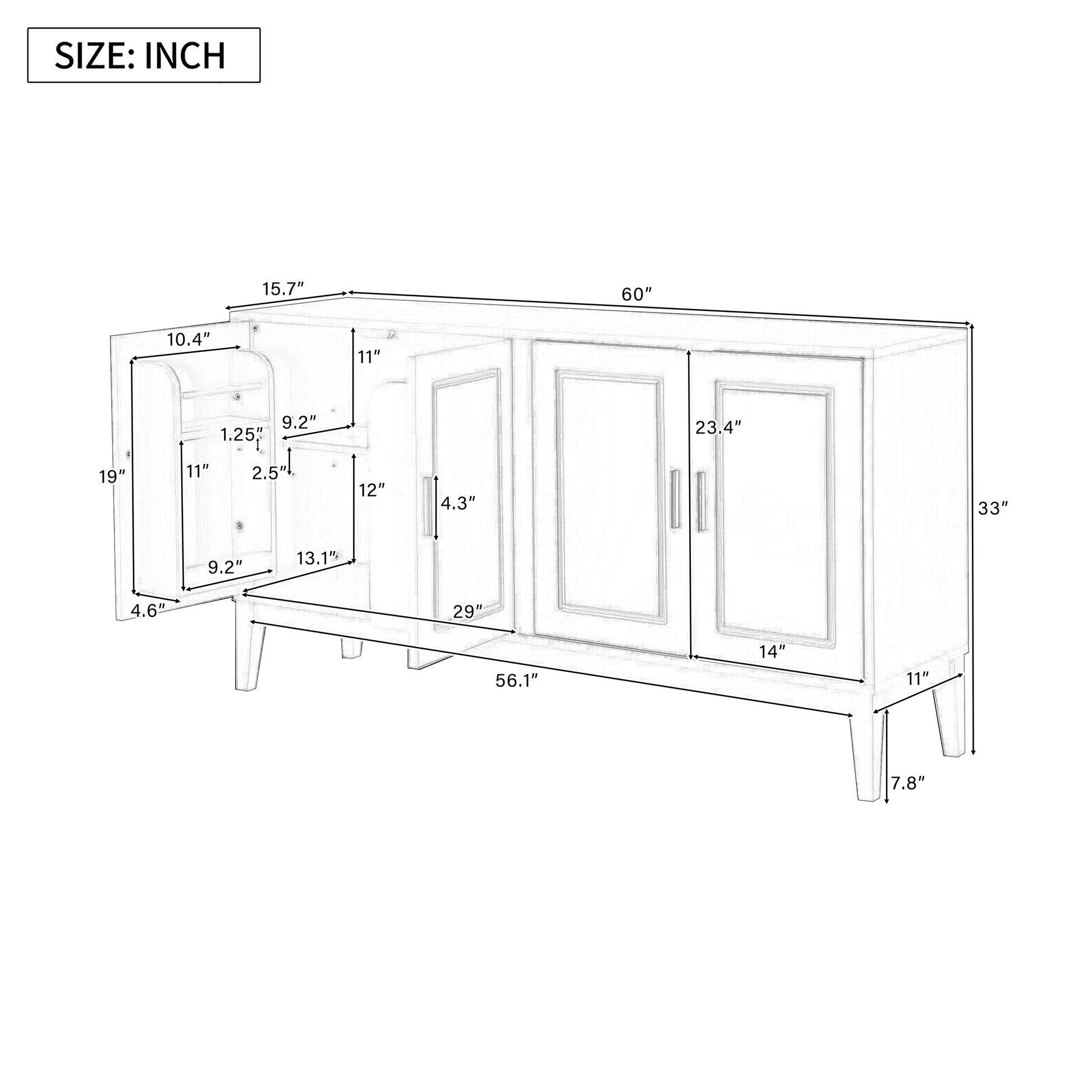 4 Door Sideboard Storage Cabinet With Door Shelf For Living Room And Dining Room, Two Large Cabinets With Adjustable Shelf, White White Rubberwood Solid Wood Mdf