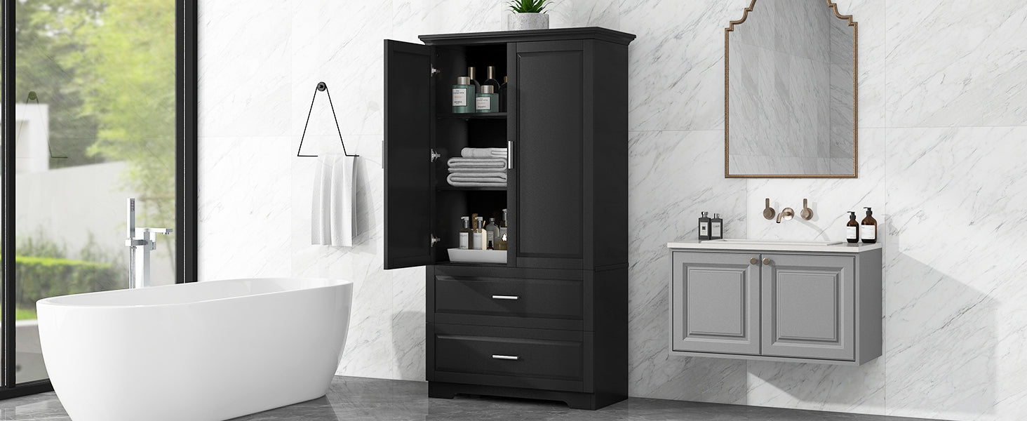 Tall Bathroom Storage Cabinet, Cabinet With Two Doors And Drawers, Adjustable Shelf, Mdf Board, Black Black Mdf