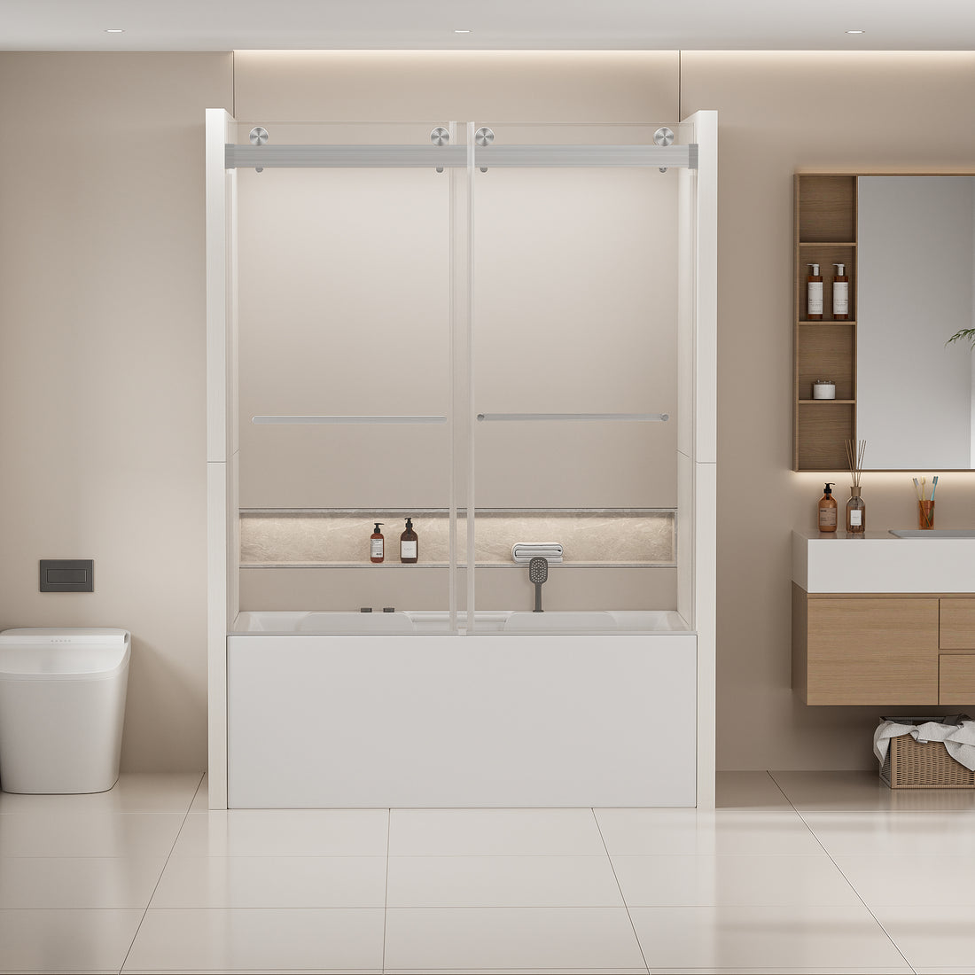 56 60 In. W X 62 In. H Frameless Double Sliding Tub Door, Bypass Tub Shower Door Soft Closing, Brushed Nickel 24D02 T60Bnx Brushed Nickel Stainless Steel