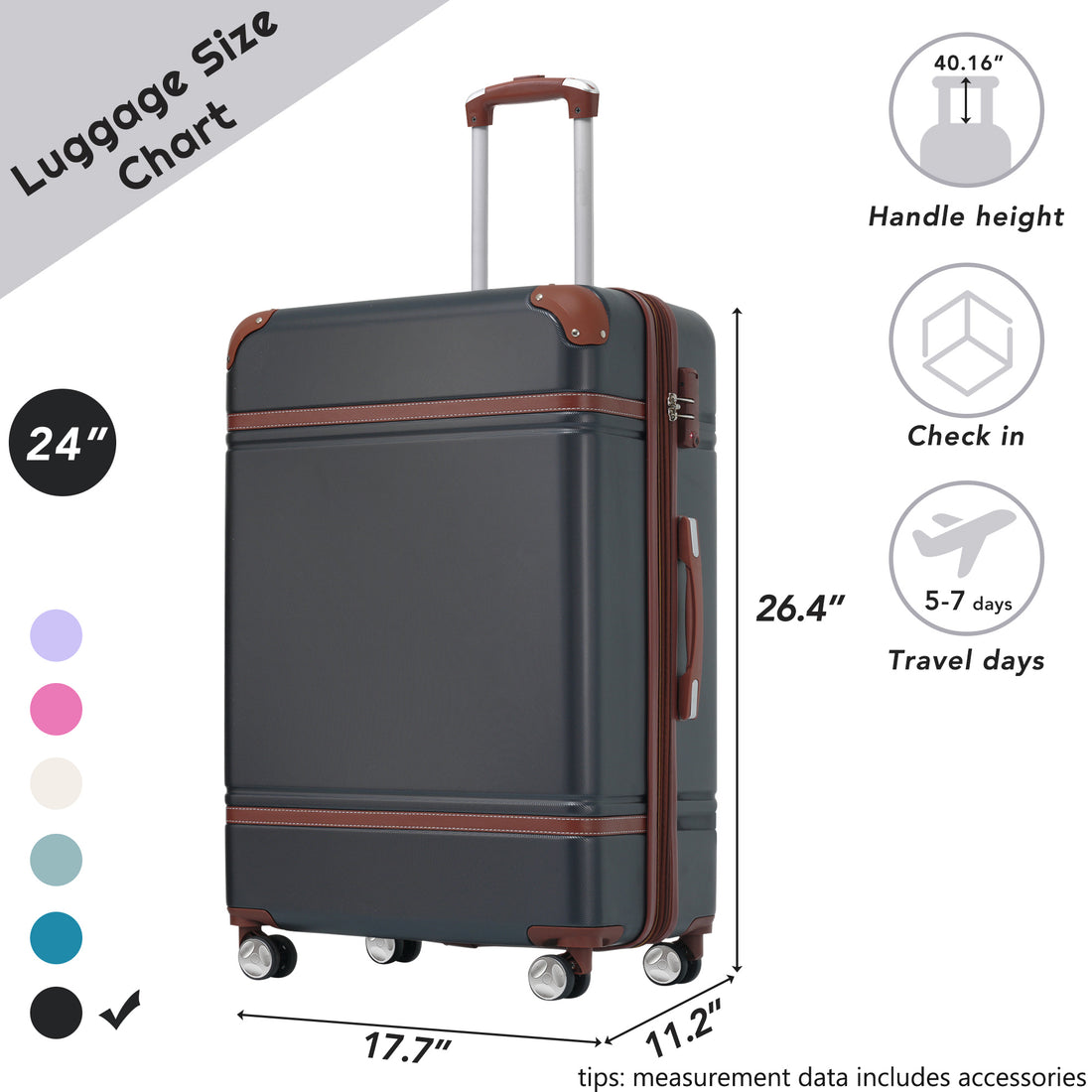 Hardshell Luggage With Tsa Lock24" Expandable Lightweight Suitcase With Spinner Wheels, Single Vintage Luggage,Black Black Abs