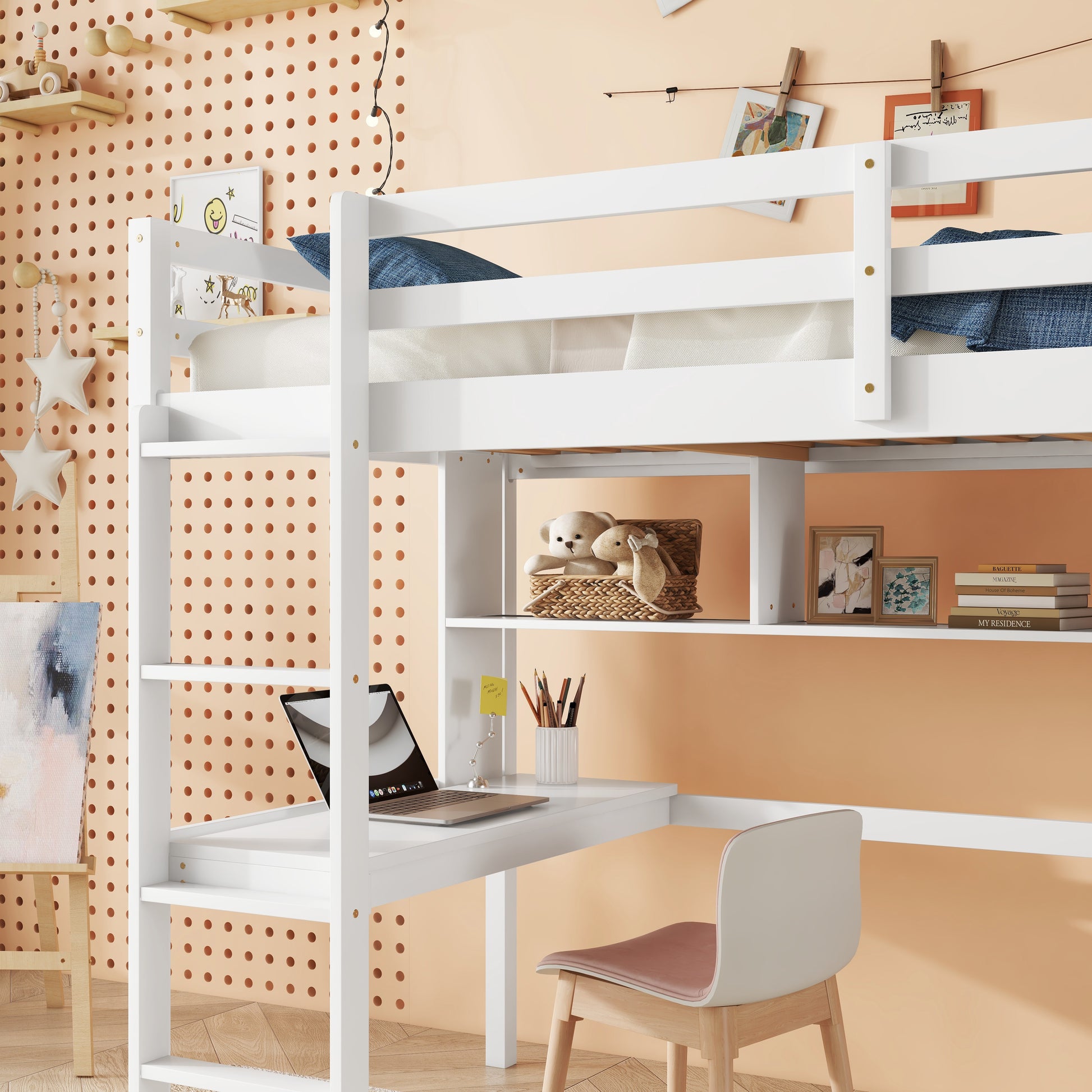 Twin Loft Bed With Built In Desk And Bookcase Of Three Compartments, Guardrails And Ladder,White Twin White Pine