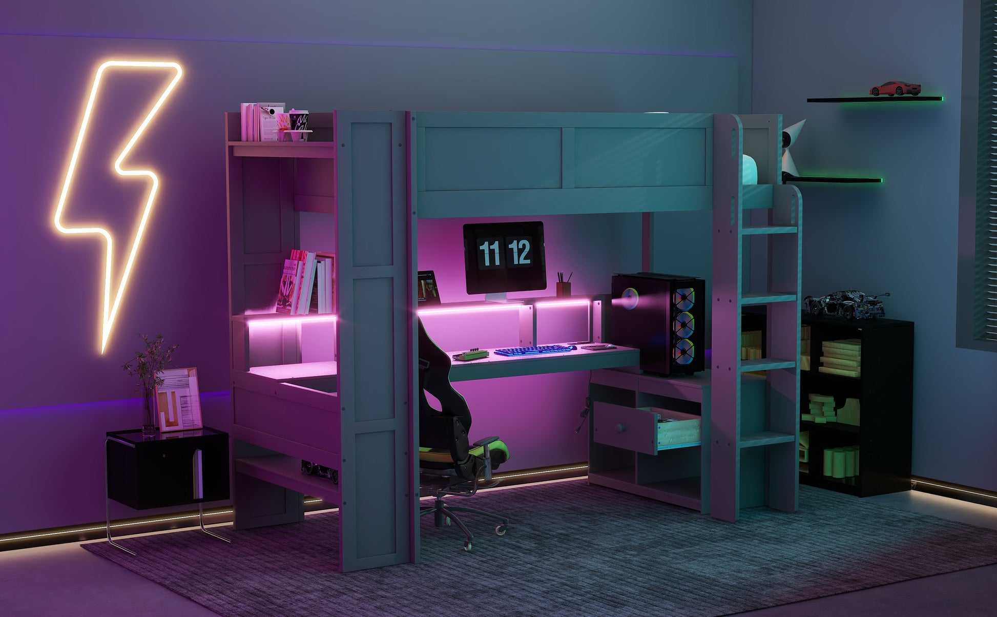 Wood Twin Size Gaming Loft Bed With Desk, Multi Storage Shelves, Led And Charging Station, Dark Gray Box Spring Not Required Twin Dark Gray Wood Bedroom Bed Frame Solid Wood Mdf