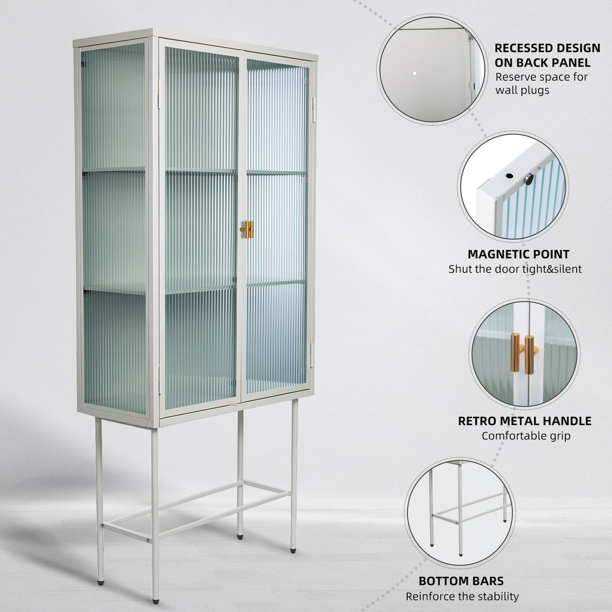 White Tall Freestanding Display Cupboard Stylish Fluted Glass Storage Cabinet With Glass Doors Three Detachable Shelves Bottom Space For Office Dining Room Living Room Bedside Old Sku:W68743735 White Steel