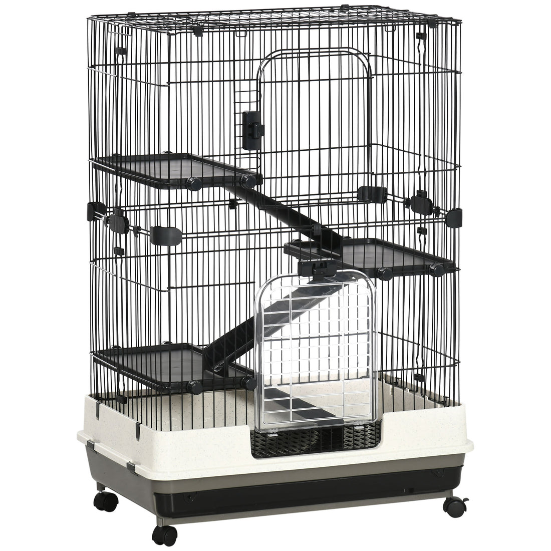 Pawhut 4 Level Small Animal Cage Rabbit Hutch With Wheels, Removable Tray, Platform And Ramp For Bunny, Chinchillas, Ferret, Black Black Metal