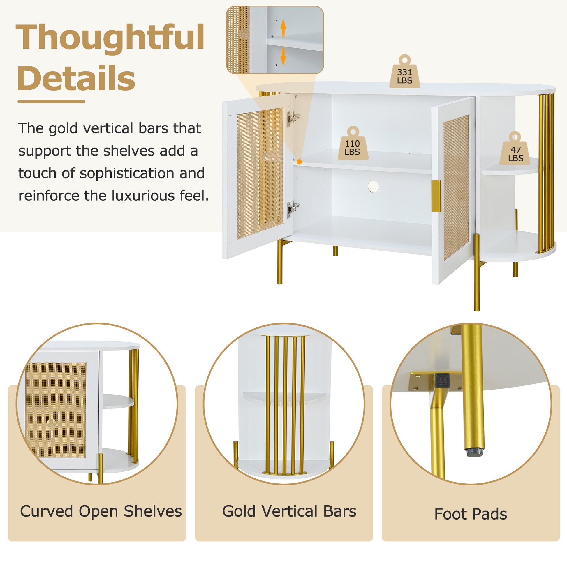 2 Door Elegant Curved Dining Cabinet With Gold Trim And Woven Rattan Doors For Dining Room White White Particle Board