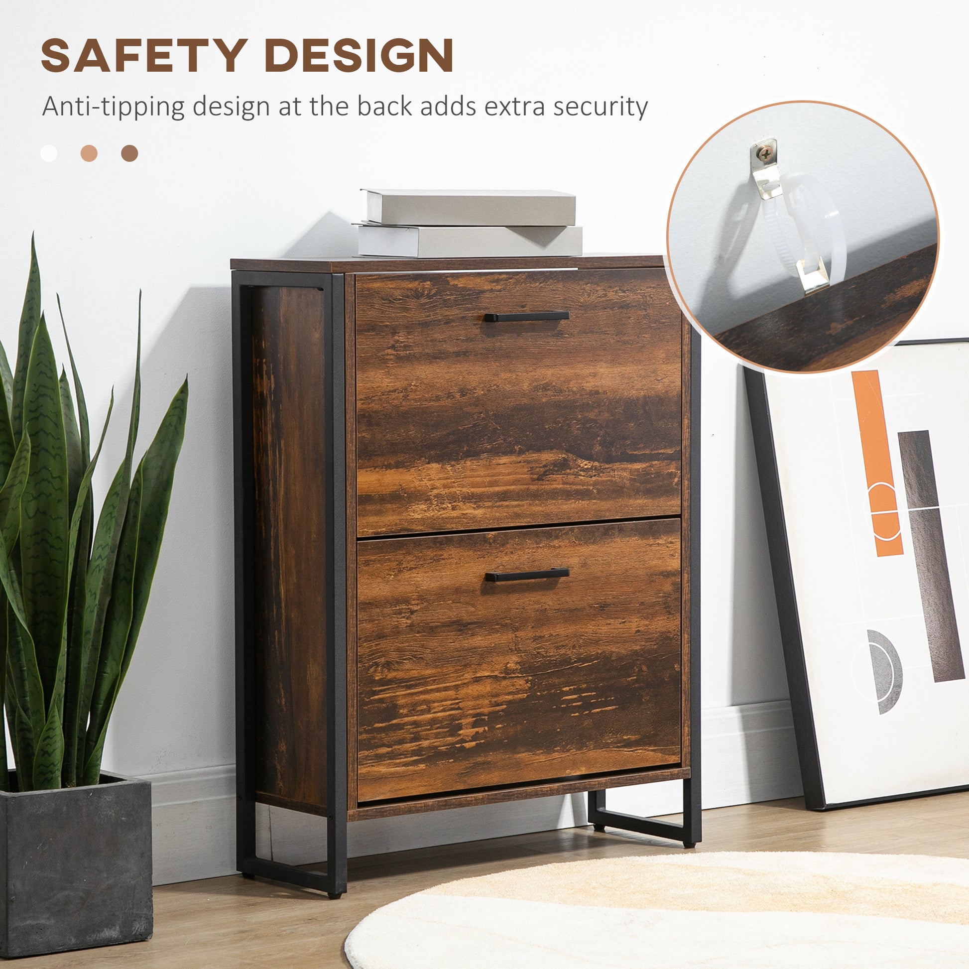 Homcom Industrial Shoe Cabinet With 2 Flip Drawers, Freestanding Shoe Storage Cabinet For 12 Pairs, Narrow Slim Shoe Rack For Entryway, Hallway, Rustic Brown Rustic Brown Particle Board