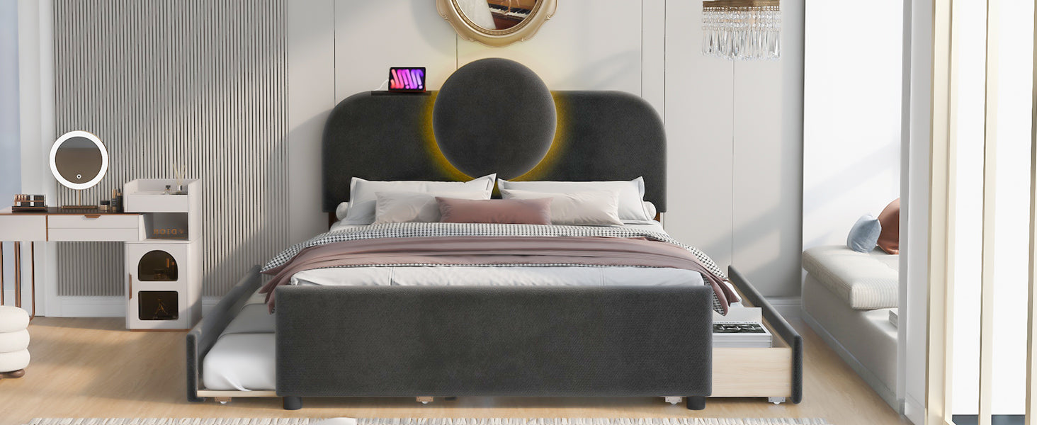 Full Size Upholstered Platform Bed With Multi Functional Led Headboard, Trundle And 2 Drawers, Gray Box Spring Not Required Full Gray Wood Bedroom Upholstered
