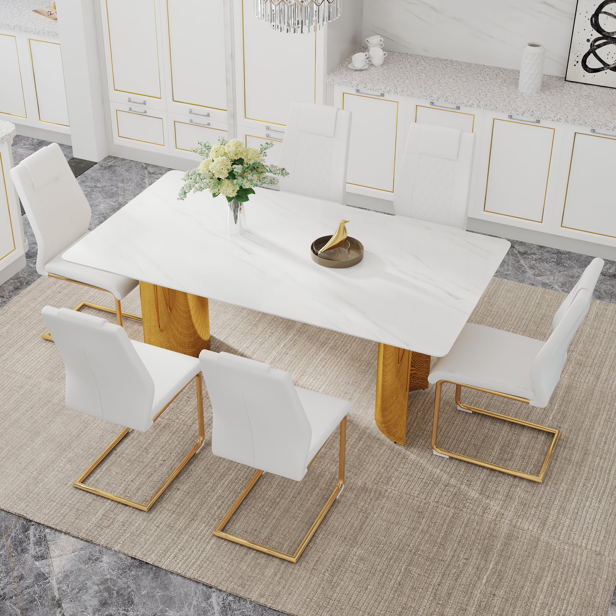 Table And Chair Set.The Table Has A Glass Tabletop With Imitation Marble Pattern Stickers And Stainless Steel Golden Table Legs. Paried With Comfortable Chairs With Pu Seats And Metal Legs. White