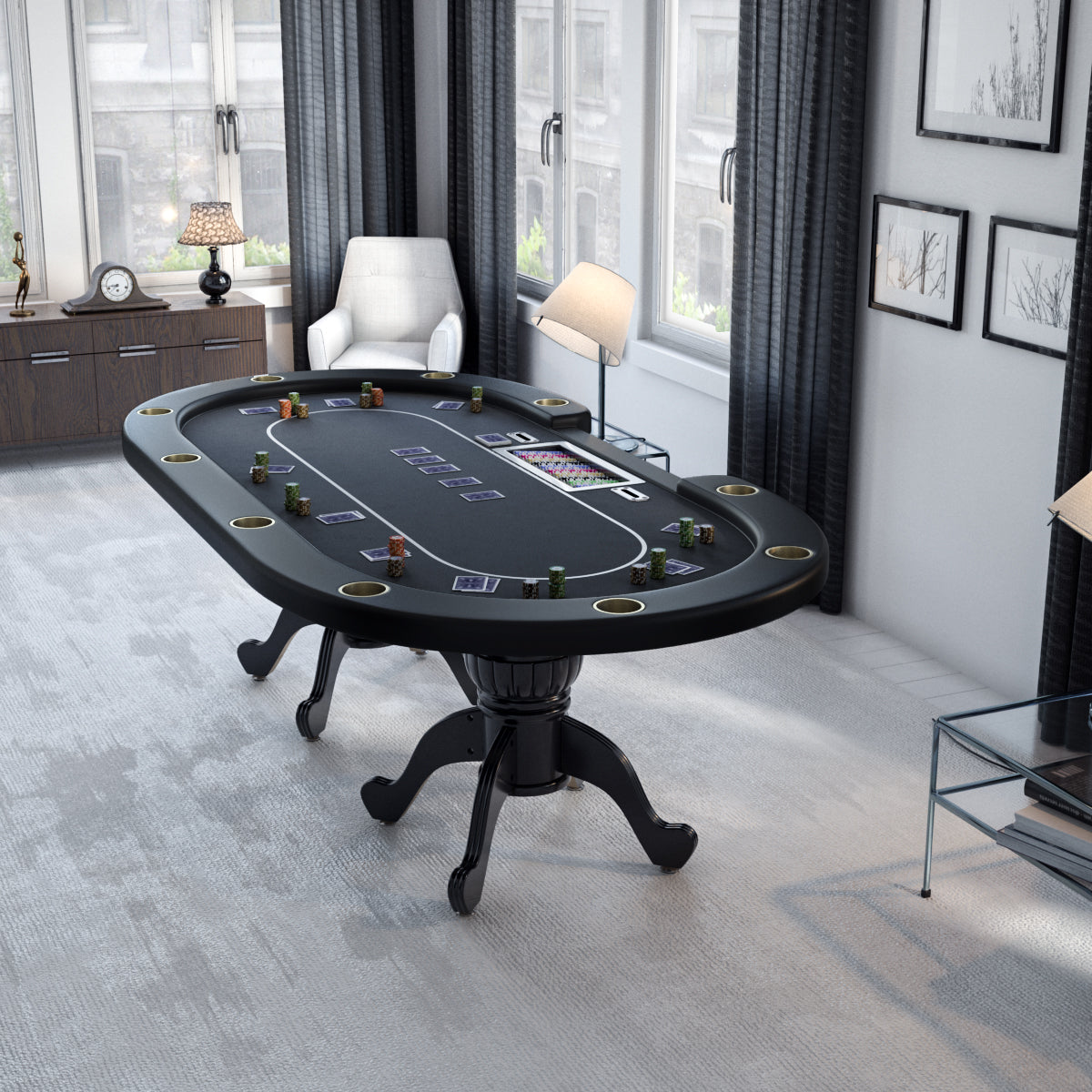 96" Poker Table For Texas Holdem Casino Game Premium Aura Oval With Waterproof Felt Cup Holders Chips Tray Drop Box Black Black Primary Living Space Modern Wood