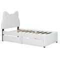 Twin Size Upholstered Platform Bed With Cartoon Ears Shaped Headboard And 2 Drawers, White Box Spring Not Required Twin White Wood Bedroom Bed Frame Faux Leather Upholstered