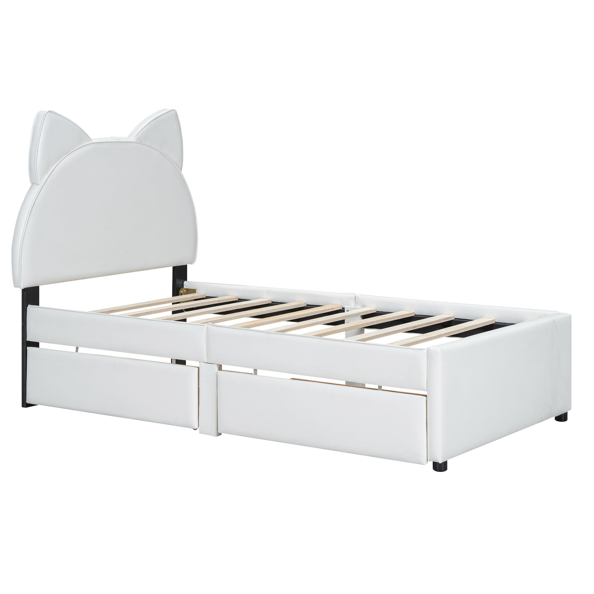 Twin Size Upholstered Platform Bed With Cartoon Ears Shaped Headboard And 2 Drawers, White Box Spring Not Required Twin White Wood Bedroom Bed Frame Faux Leather Upholstered