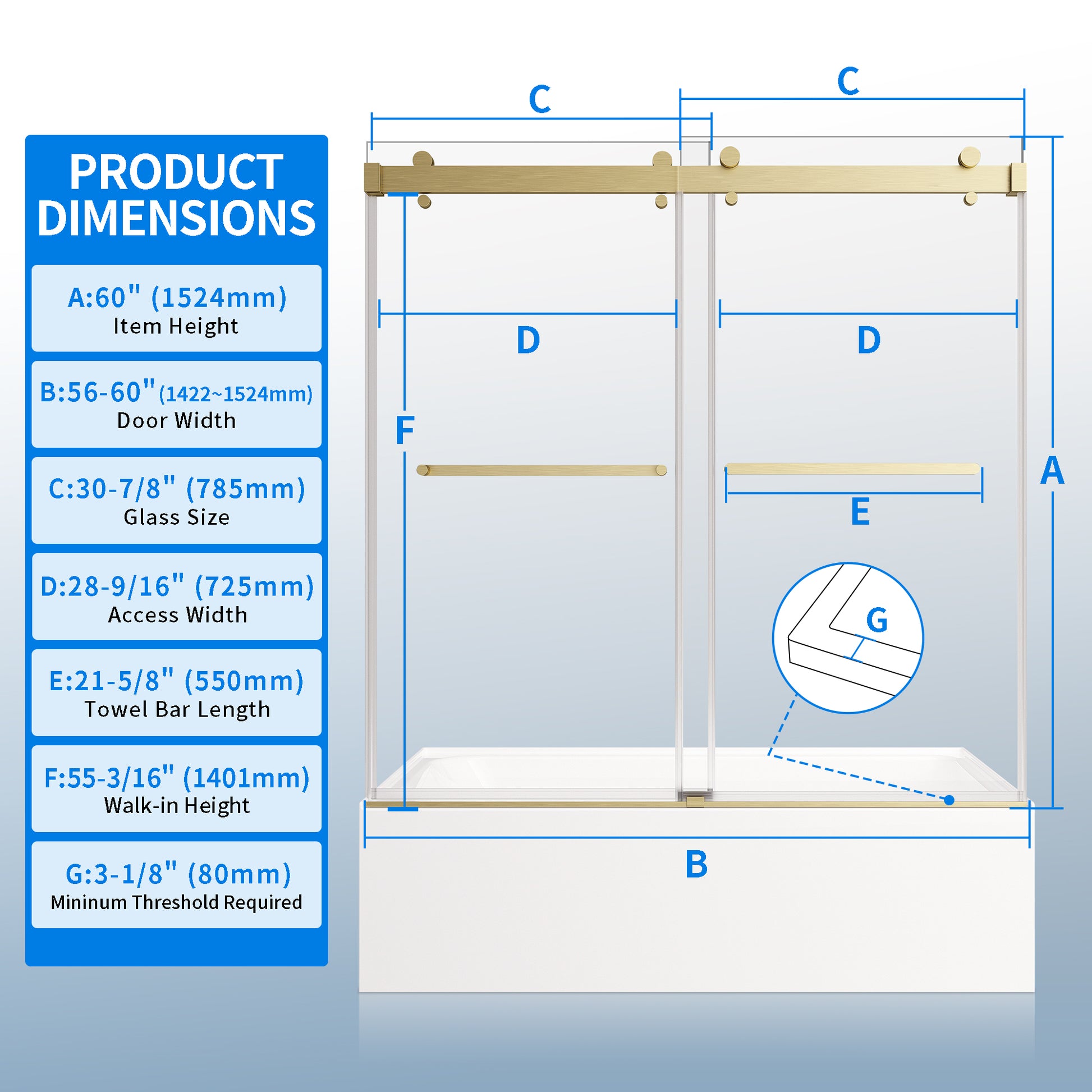 56 60 Inches Width 60 Inches Height Double Sliding Frameless Bathtub Door With 3 8 Inches 10Mm Clear Tempered Glass, Brushed Gold Finish Brushed Gold Bathroom Luxury,Modern Glass Aluminium,Stainless