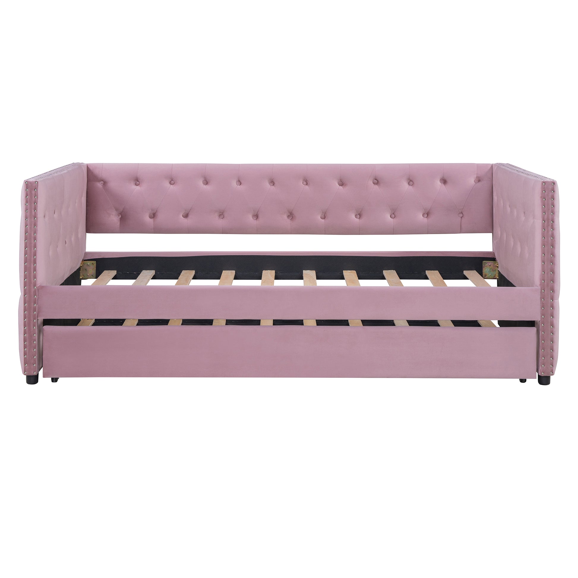 Twin Size Tufted Upholstered Daybed With Trundle, Velvet Sofabed With Rivet Design, No Box Spring Needed,Pink Twin Pink Velvet