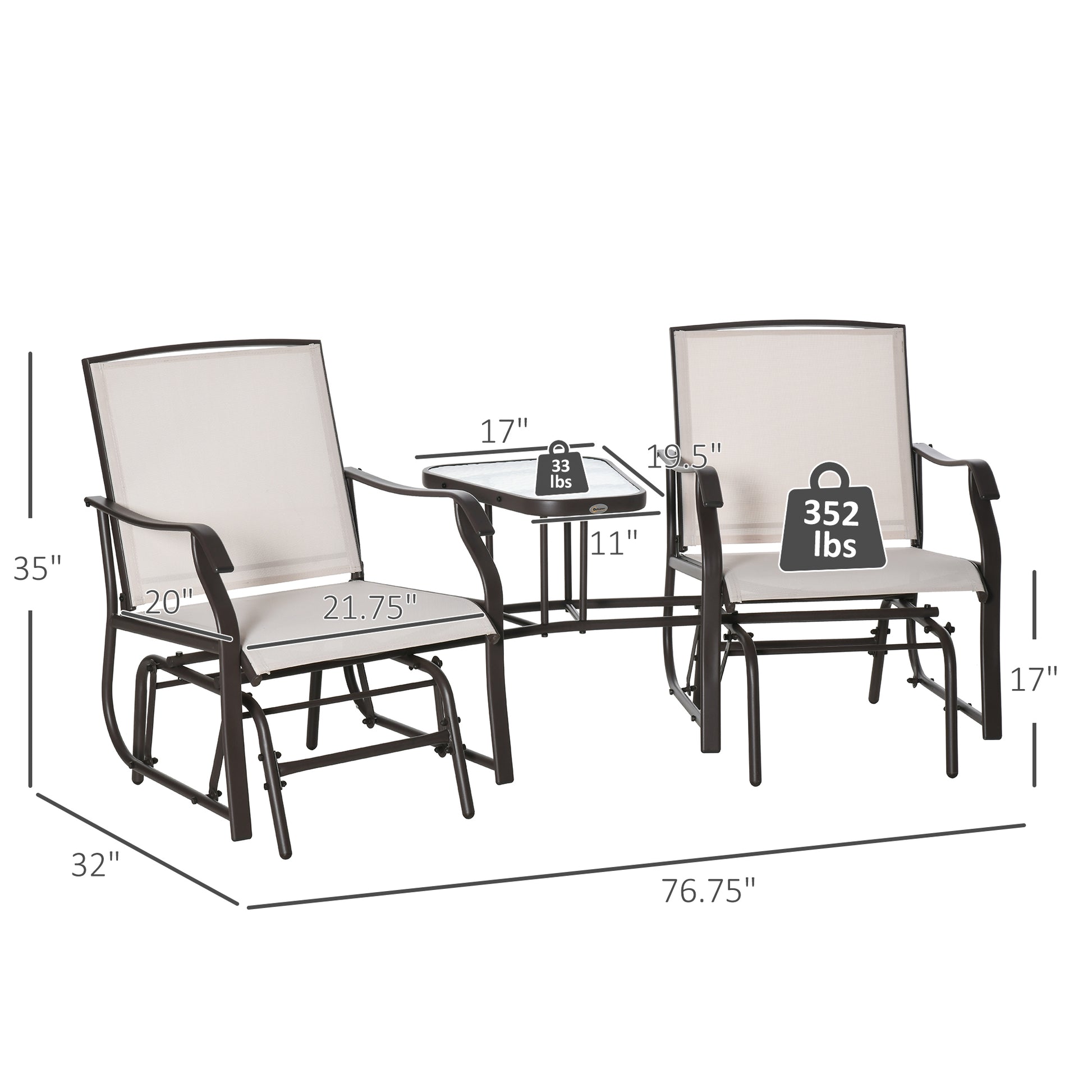 Outsunny Outdoor Glider Chairs With Coffee Table, Patio 2 Seat Rocking Chair Swing Loveseat Withsling For Backyard, Garden, And Porch, Beige Beige Fabric Metal