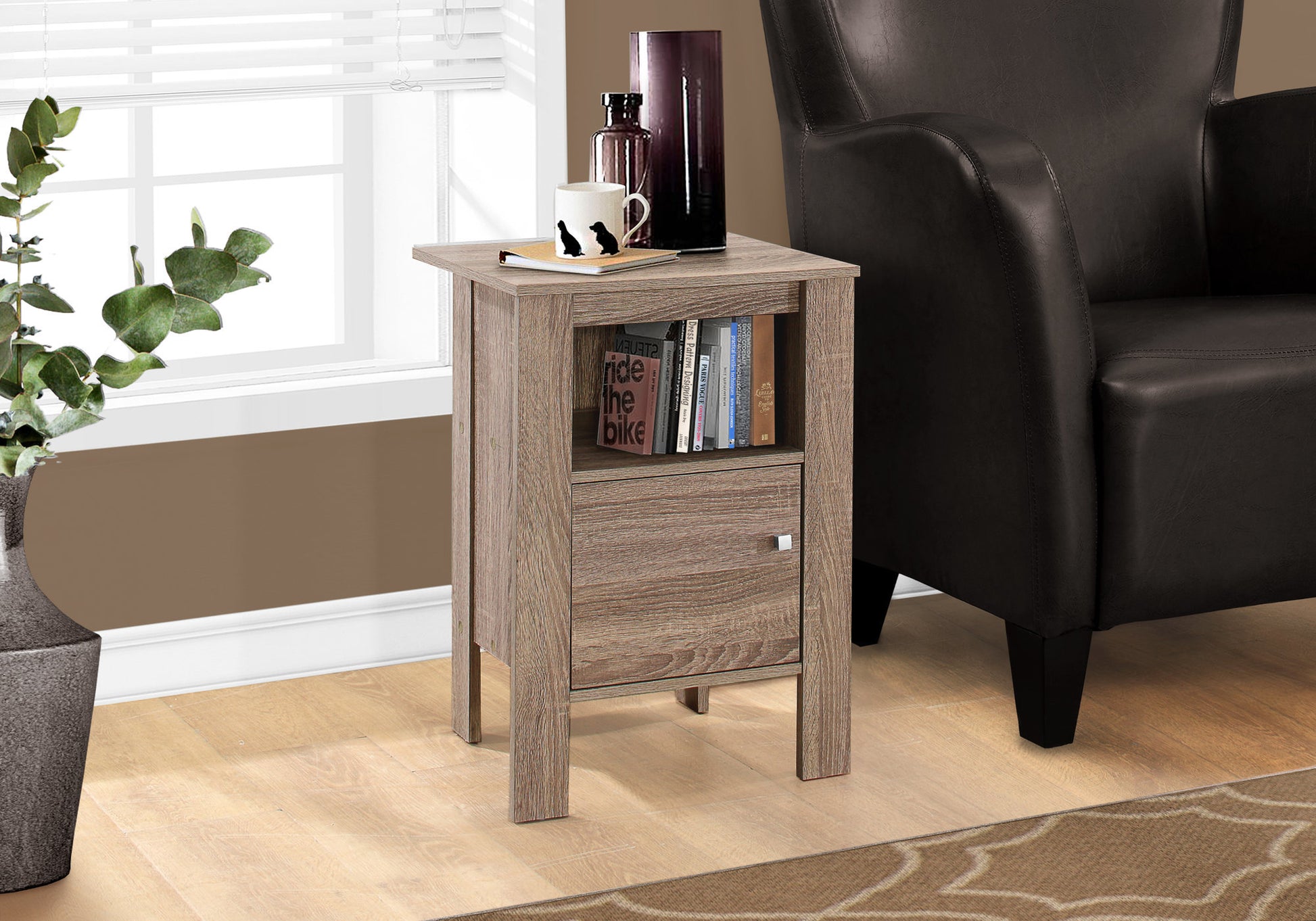 Accent Table, Side, End, Nightstand, Lamp, Storage, Living Room, Bedroom, Brown Laminate, Transitional Taupe Particle Board