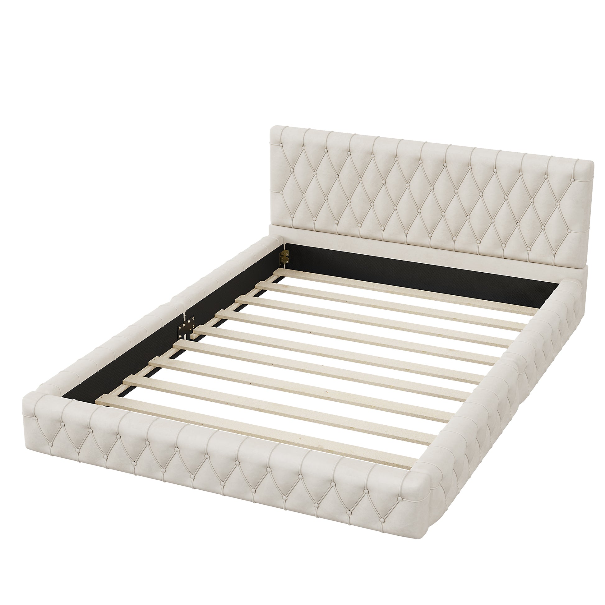Queen Size Upholstered Bed With Tufted Headboard, Modern Velvet Platform Bedno Box Spring Required, White Queen White Solid Wood Mdf